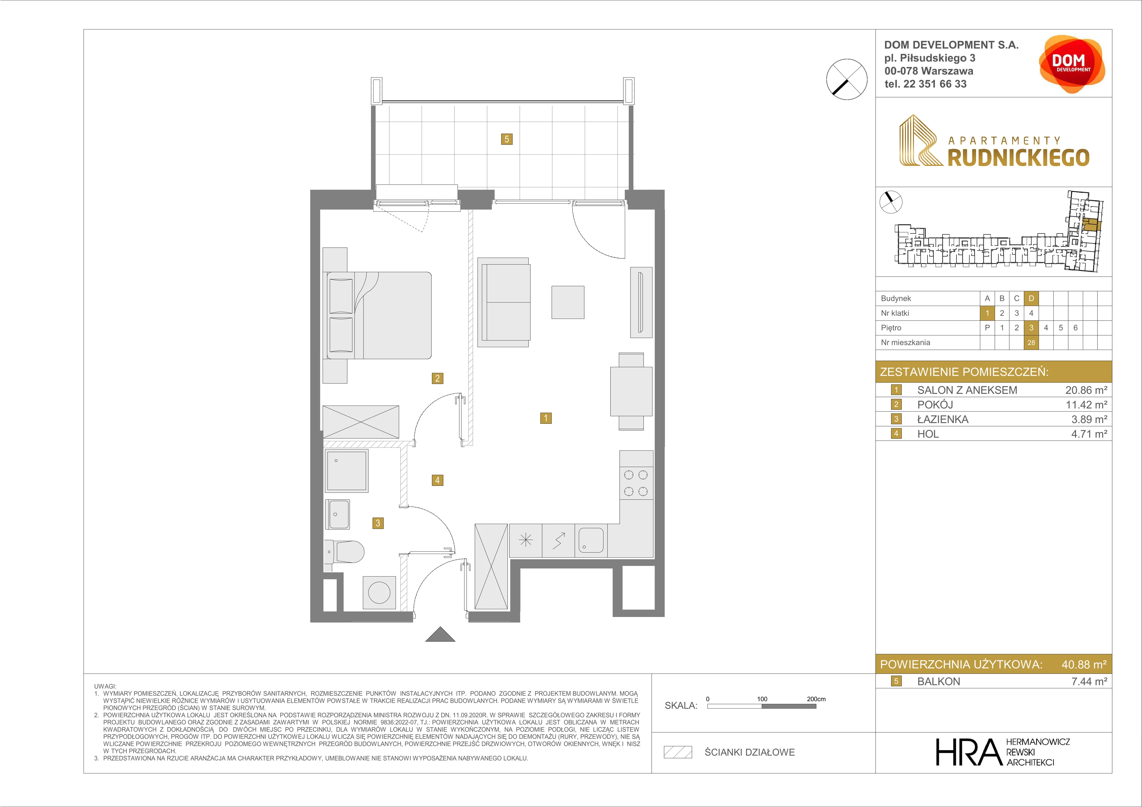2 pokoje, mieszkanie 40,88 m², piętro 3, oferta nr D/28, Apartamenty Rudnickiego, Warszawa, Bielany, Piaski, ul. Rudnickiego 7