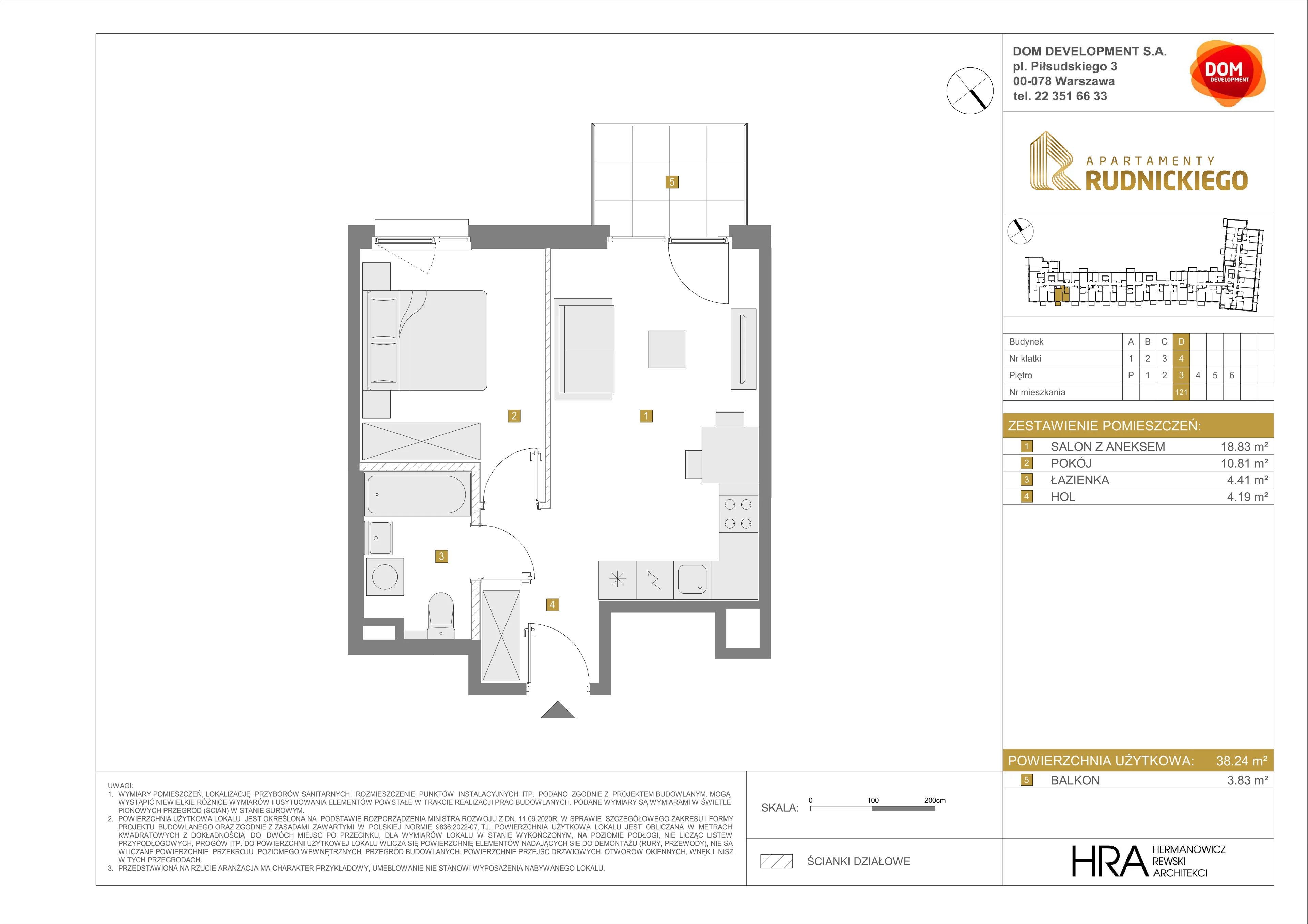 2 pokoje, mieszkanie 38,24 m², piętro 3, oferta nr D/121, Apartamenty Rudnickiego, Warszawa, Bielany, Piaski, ul. Rudnickiego 7