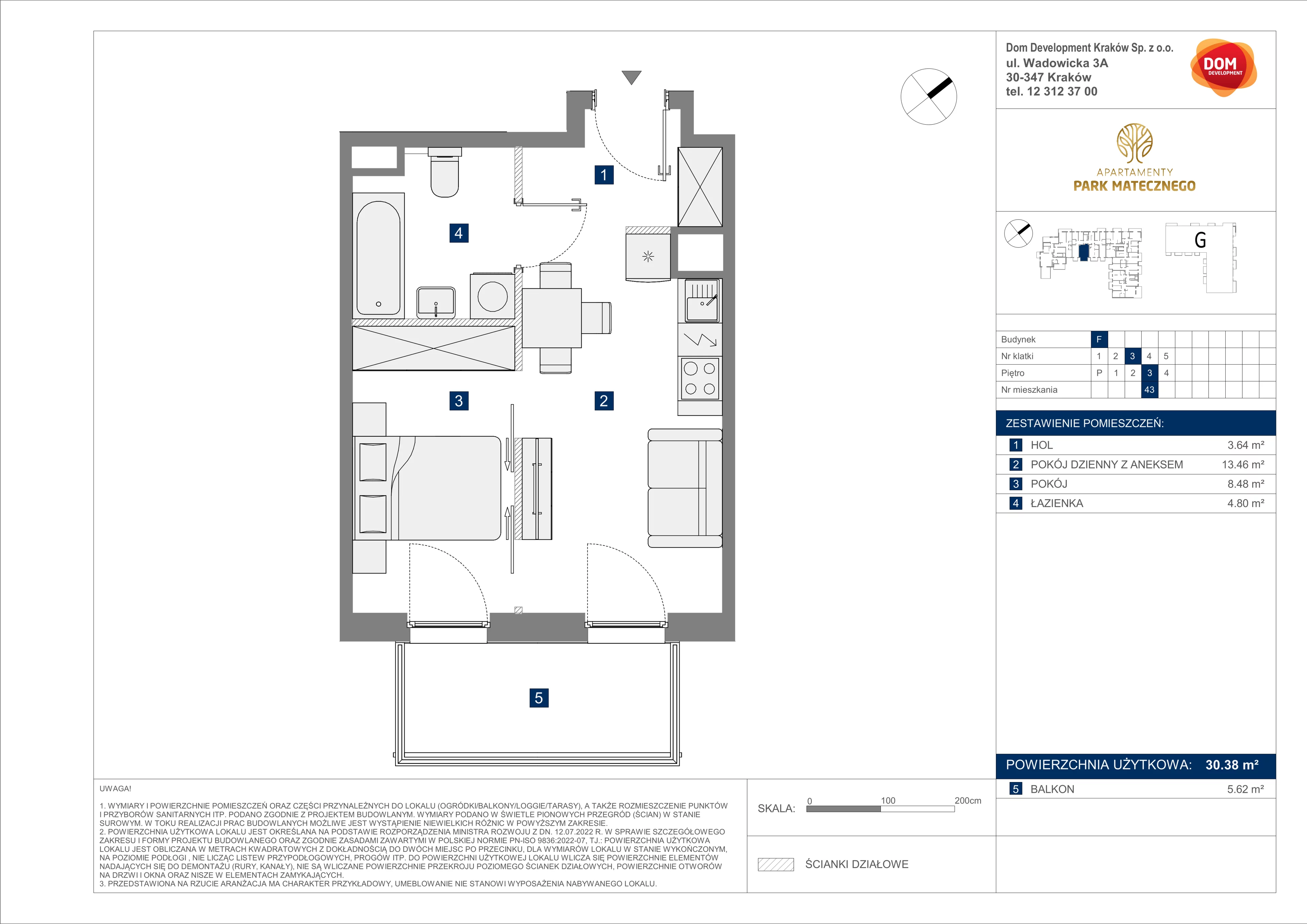 2 pokoje, apartament 30,38 m², piętro 3, oferta nr F/43, Apartamenty Park Matecznego bud. F i G, Kraków, Podgórze, Mateczny, ul. Rydlówka / Nowoorawska