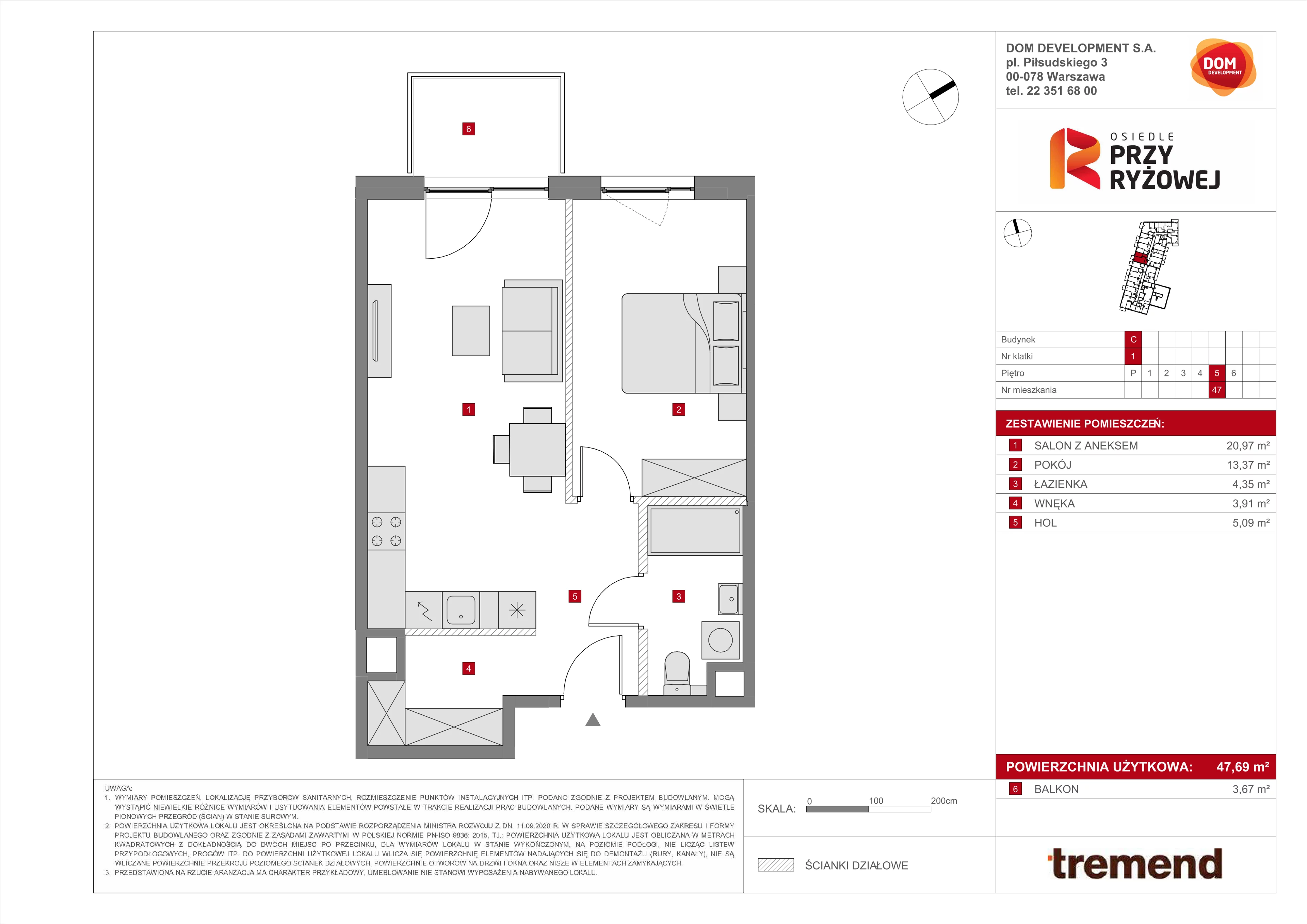 2 pokoje, mieszkanie 47,69 m², piętro 5, oferta nr C/47, Osiedle przy Ryżowej, Warszawa, Ursus, Skorosze, ul. Ryżowa 62