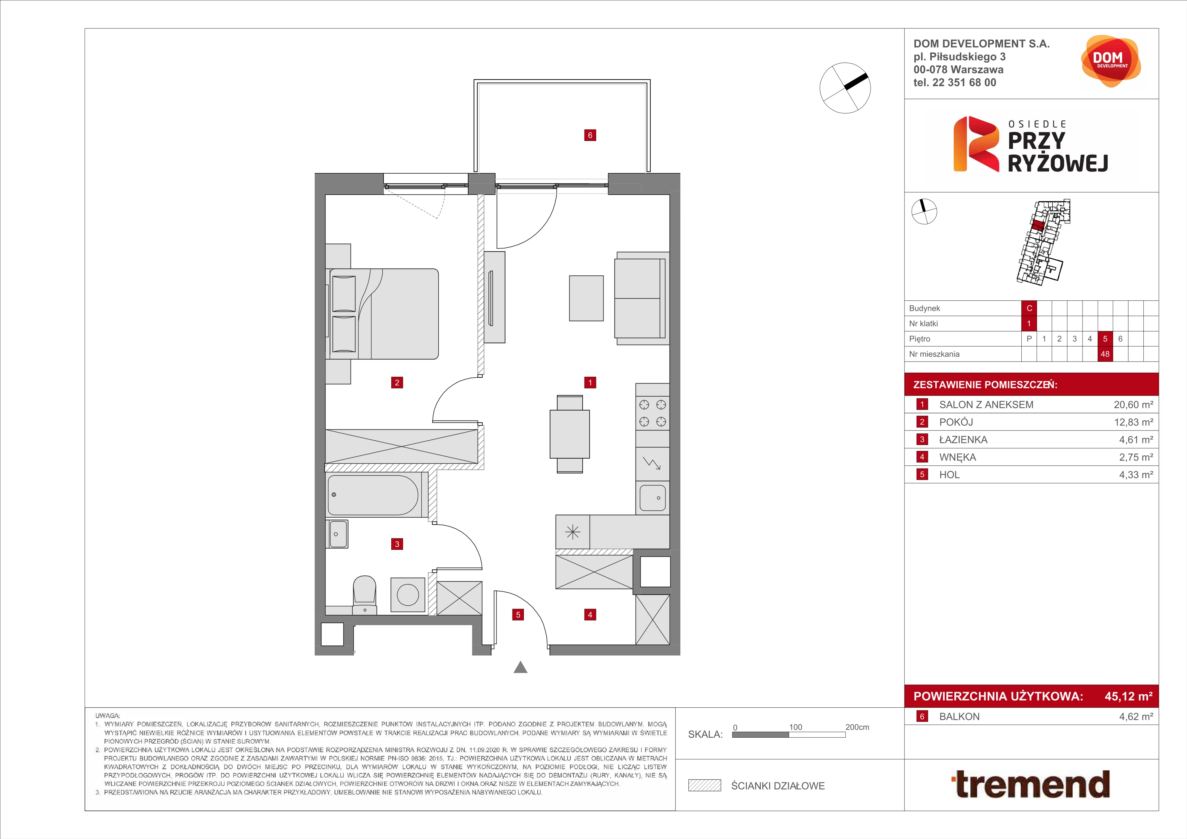2 pokoje, mieszkanie 45,12 m², piętro 5, oferta nr C/48, Osiedle przy Ryżowej, Warszawa, Ursus, Skorosze, ul. Ryżowa 62
