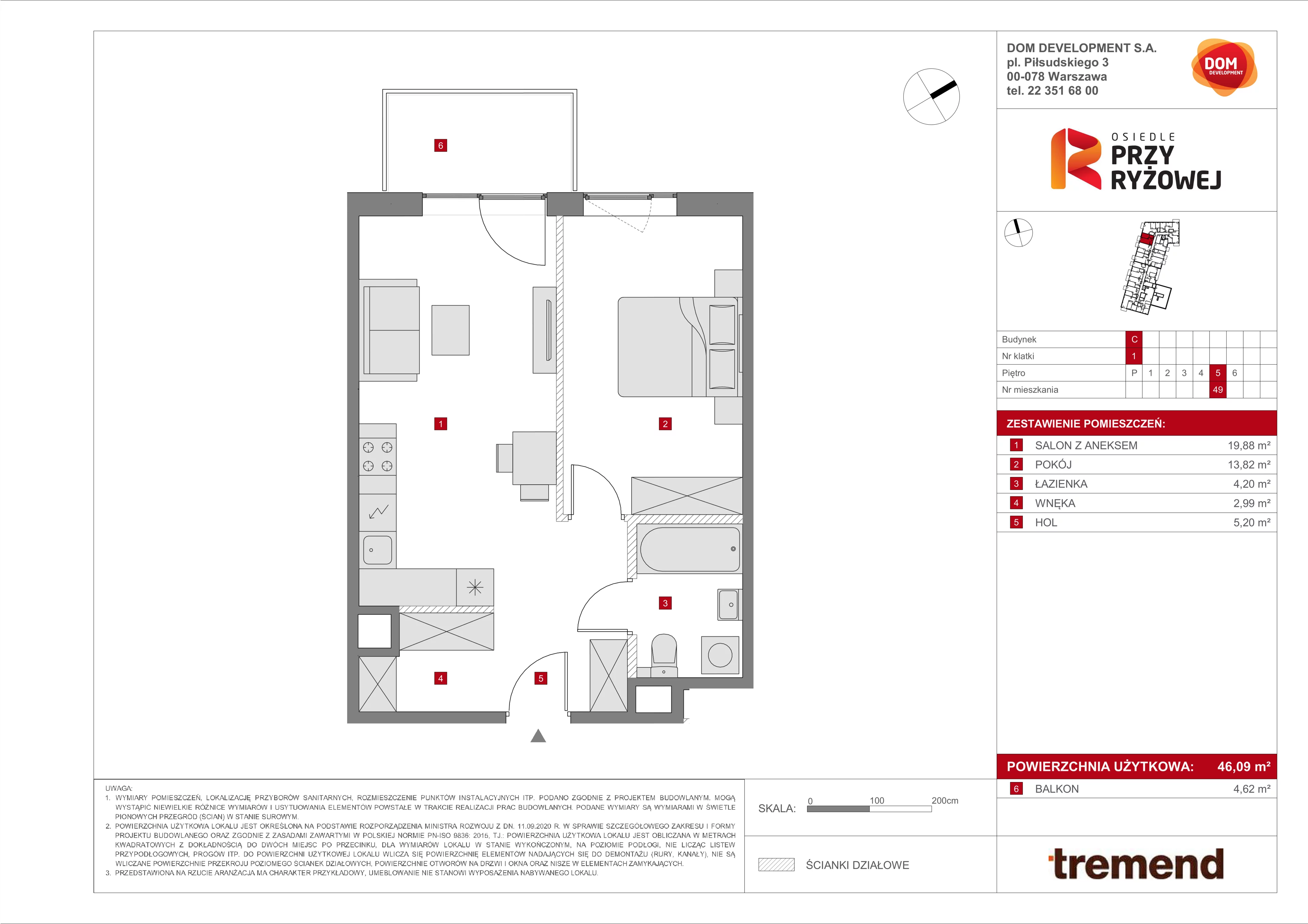 2 pokoje, mieszkanie 46,09 m², piętro 5, oferta nr C/49, Osiedle przy Ryżowej, Warszawa, Ursus, Skorosze, ul. Ryżowa 62