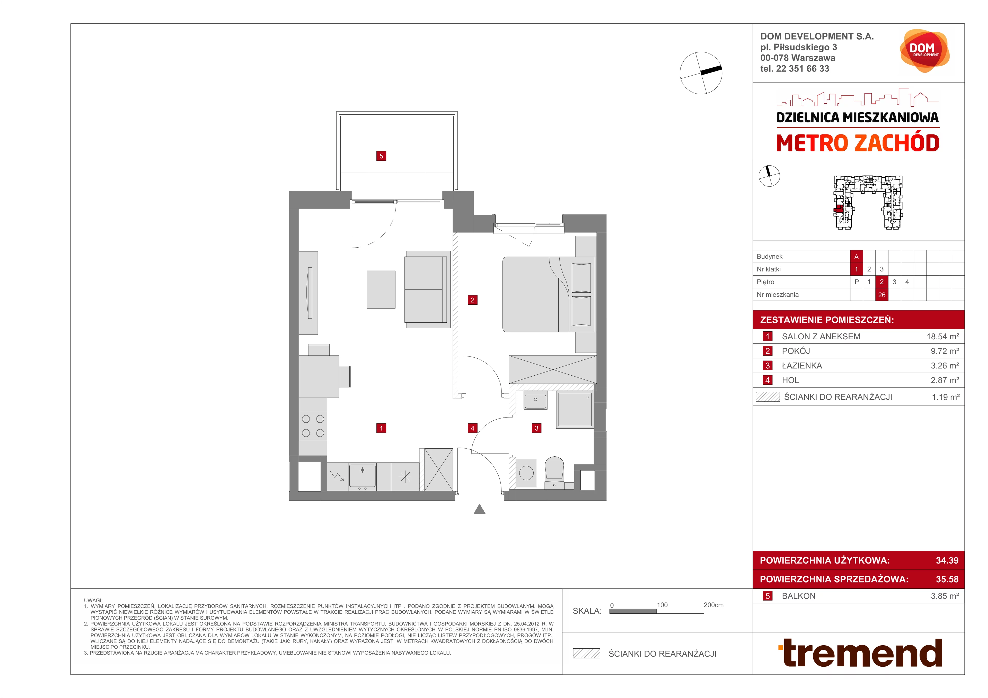 2 pokoje, mieszkanie 35,58 m², piętro 2, oferta nr A/26, Metro Zachód 8 bud. A, C, Warszawa, Bemowo, Chrzanów, ul. Szeligowska