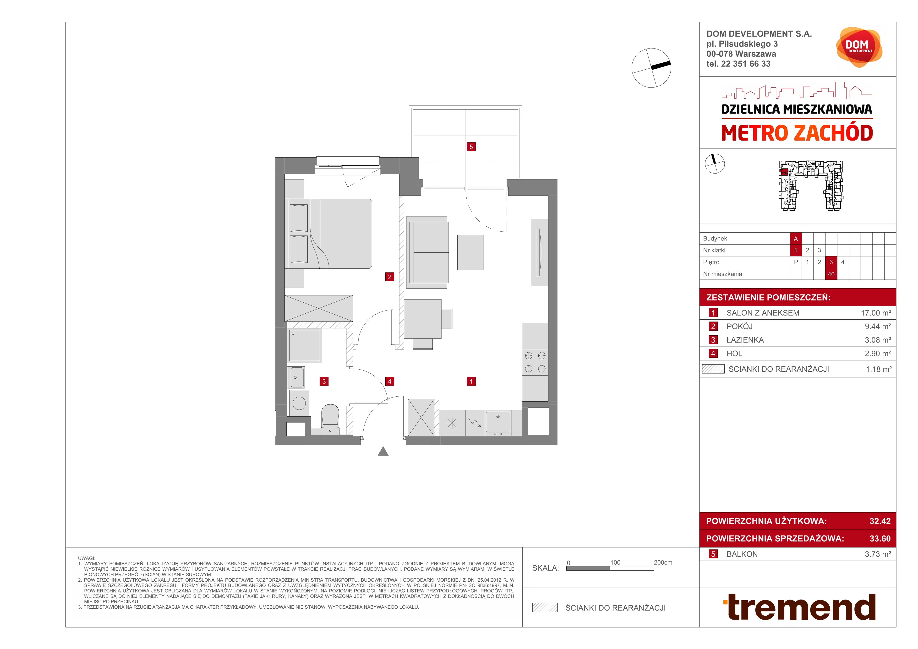 2 pokoje, mieszkanie 33,60 m², piętro 3, oferta nr A/40, Metro Zachód 8 bud. A, C, Warszawa, Bemowo, Chrzanów, ul. Szeligowska