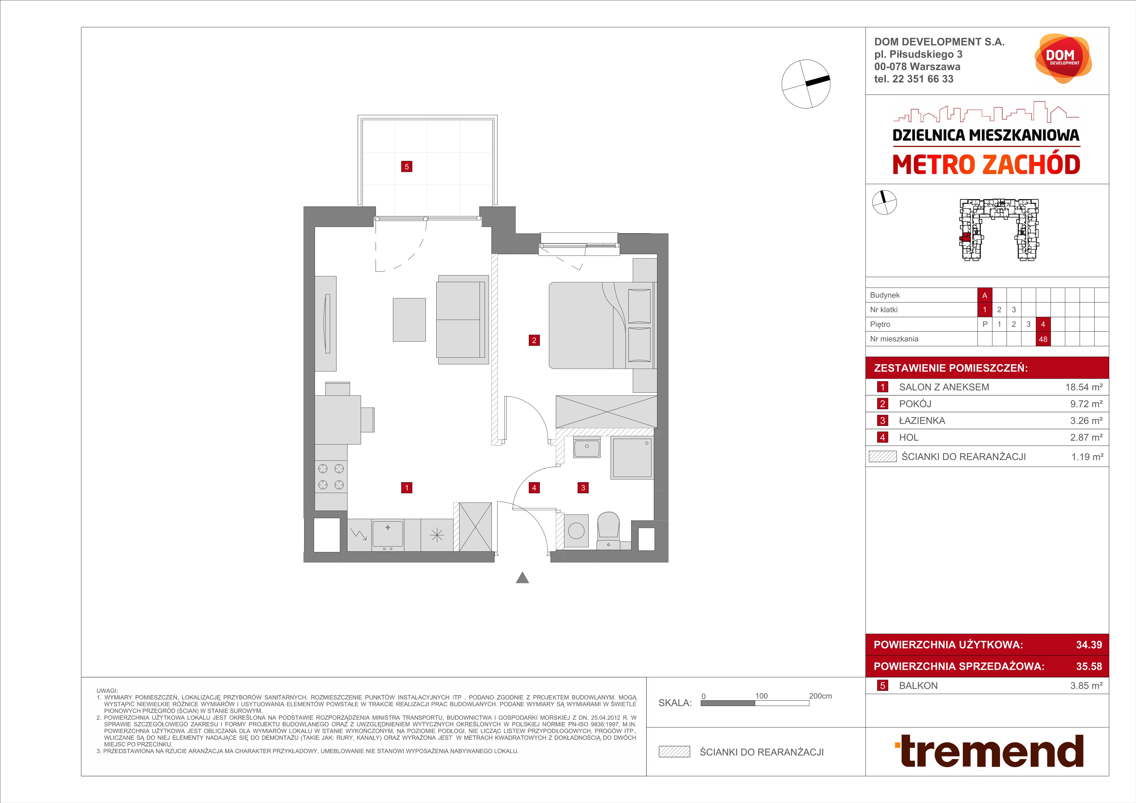 2 pokoje, mieszkanie 35,58 m², piętro 4, oferta nr A/48, Metro Zachód 8 bud. A, C, Warszawa, Bemowo, Chrzanów, ul. Szeligowska