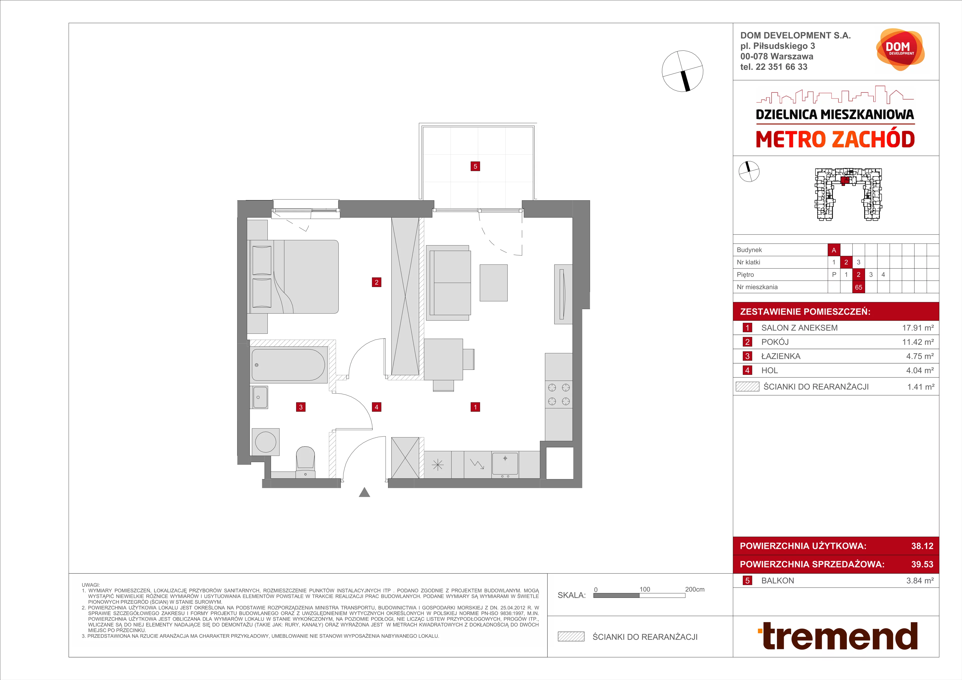 2 pokoje, mieszkanie 39,53 m², piętro 2, oferta nr A/65, Metro Zachód 8 bud. A, C, Warszawa, Bemowo, Chrzanów, ul. Szeligowska