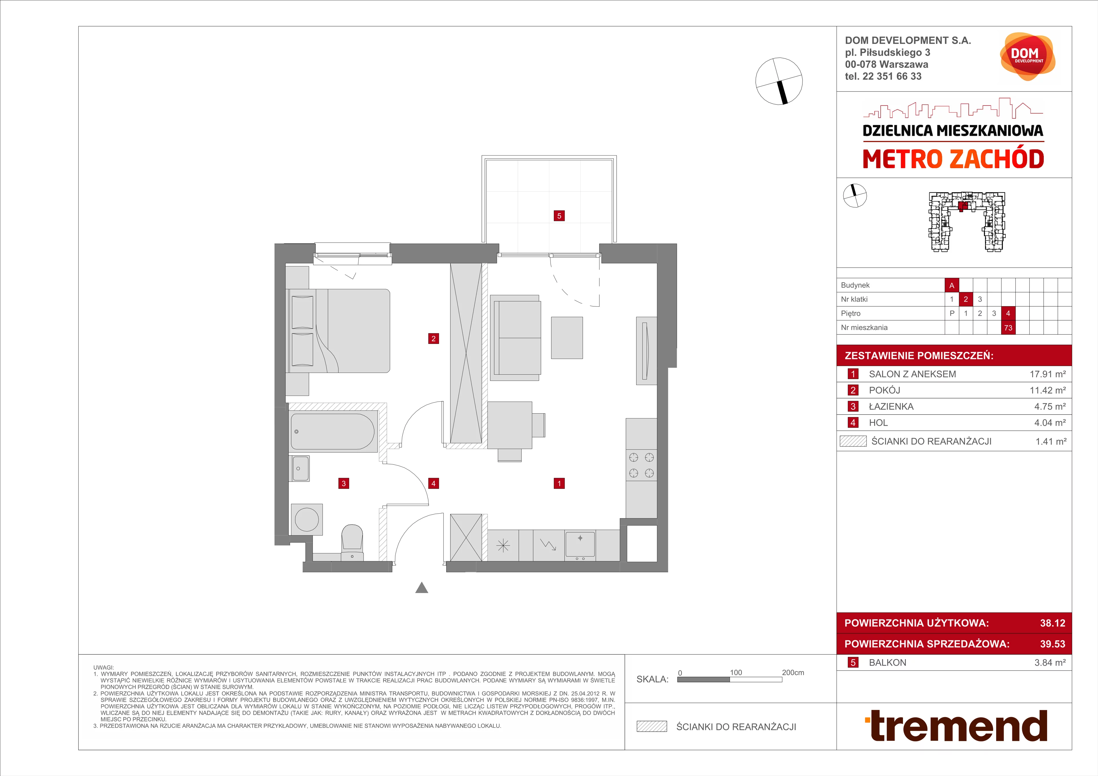 2 pokoje, mieszkanie 39,53 m², piętro 4, oferta nr A/73, Metro Zachód 8 bud. A, C, Warszawa, Bemowo, Chrzanów, ul. Szeligowska