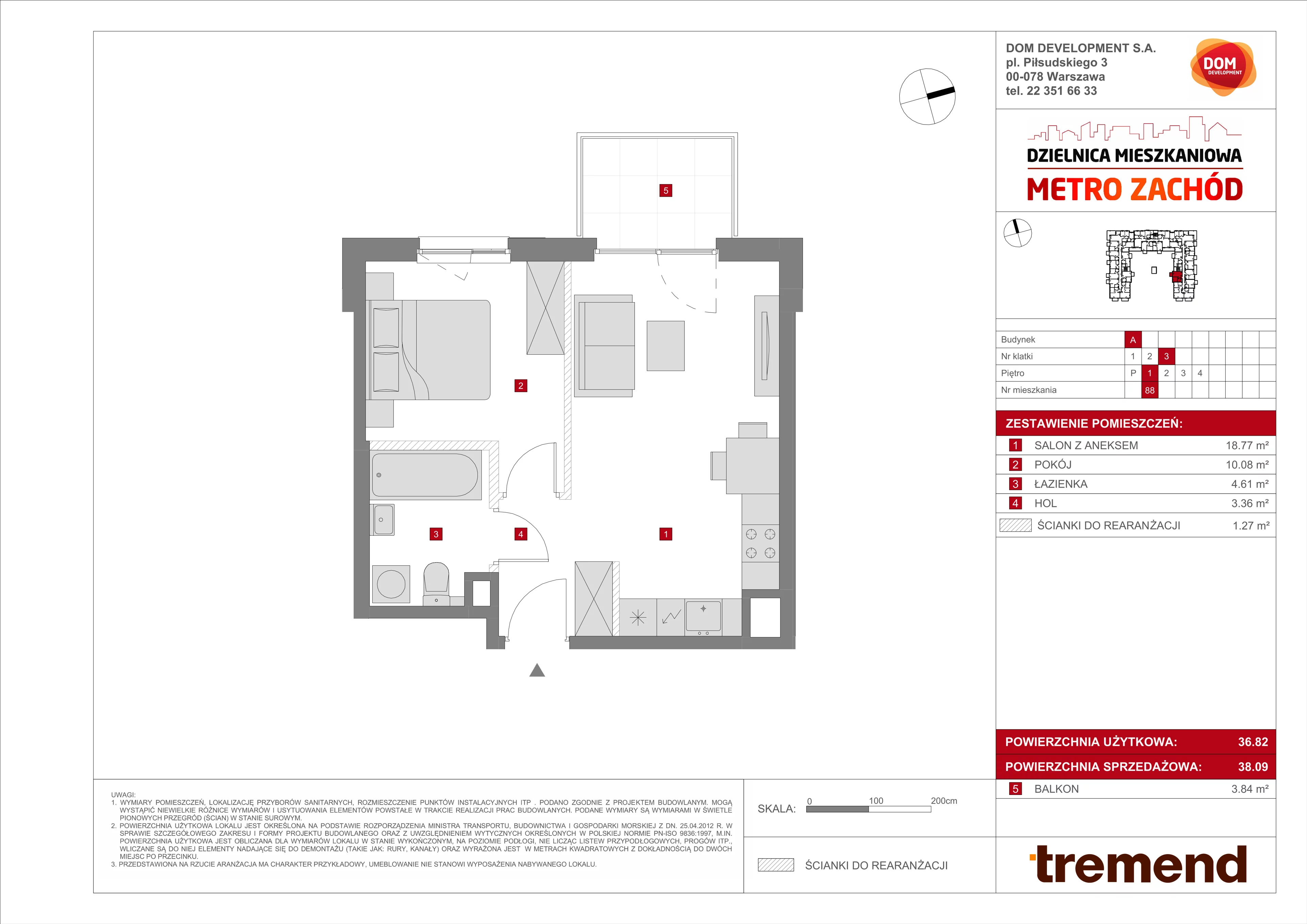 2 pokoje, mieszkanie 38,09 m², piętro 1, oferta nr A/88, Metro Zachód 8 bud. A, C, Warszawa, Bemowo, Chrzanów, ul. Szeligowska