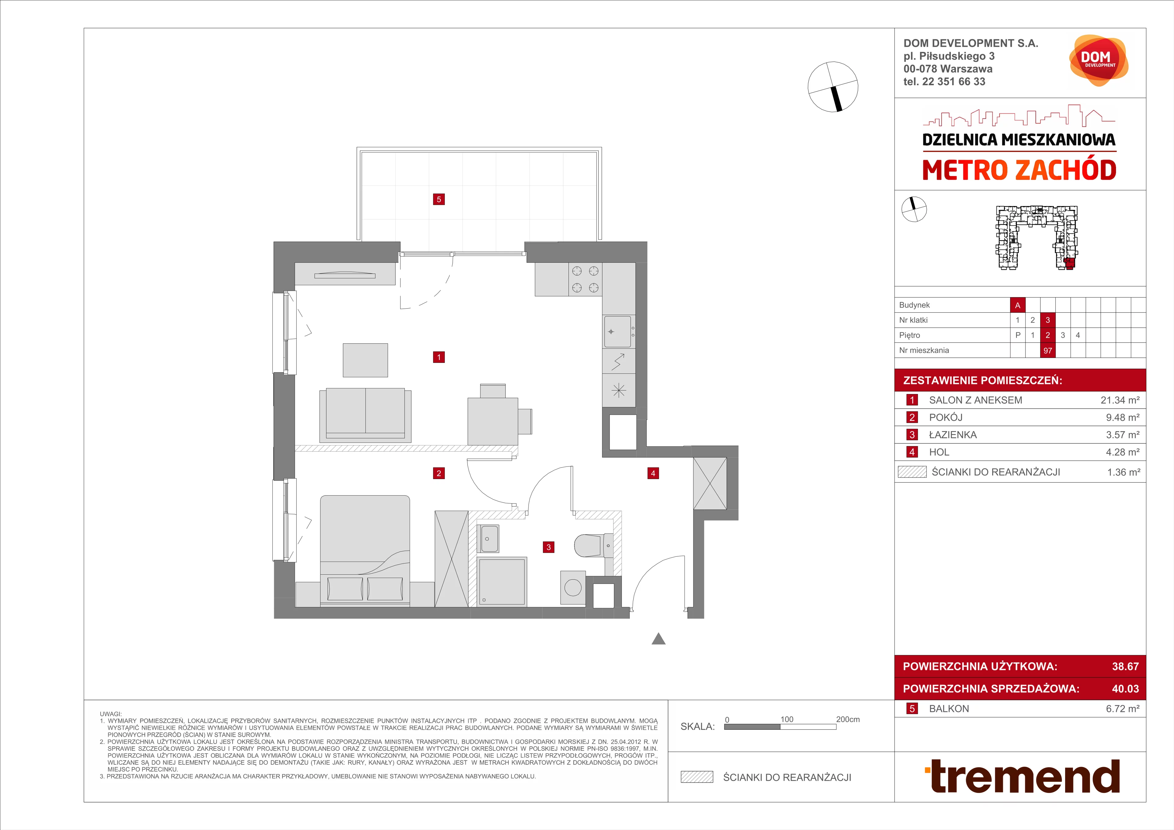 2 pokoje, mieszkanie 40,03 m², piętro 2, oferta nr A/97, Metro Zachód 8 bud. A, C, Warszawa, Bemowo, Chrzanów, ul. Szeligowska