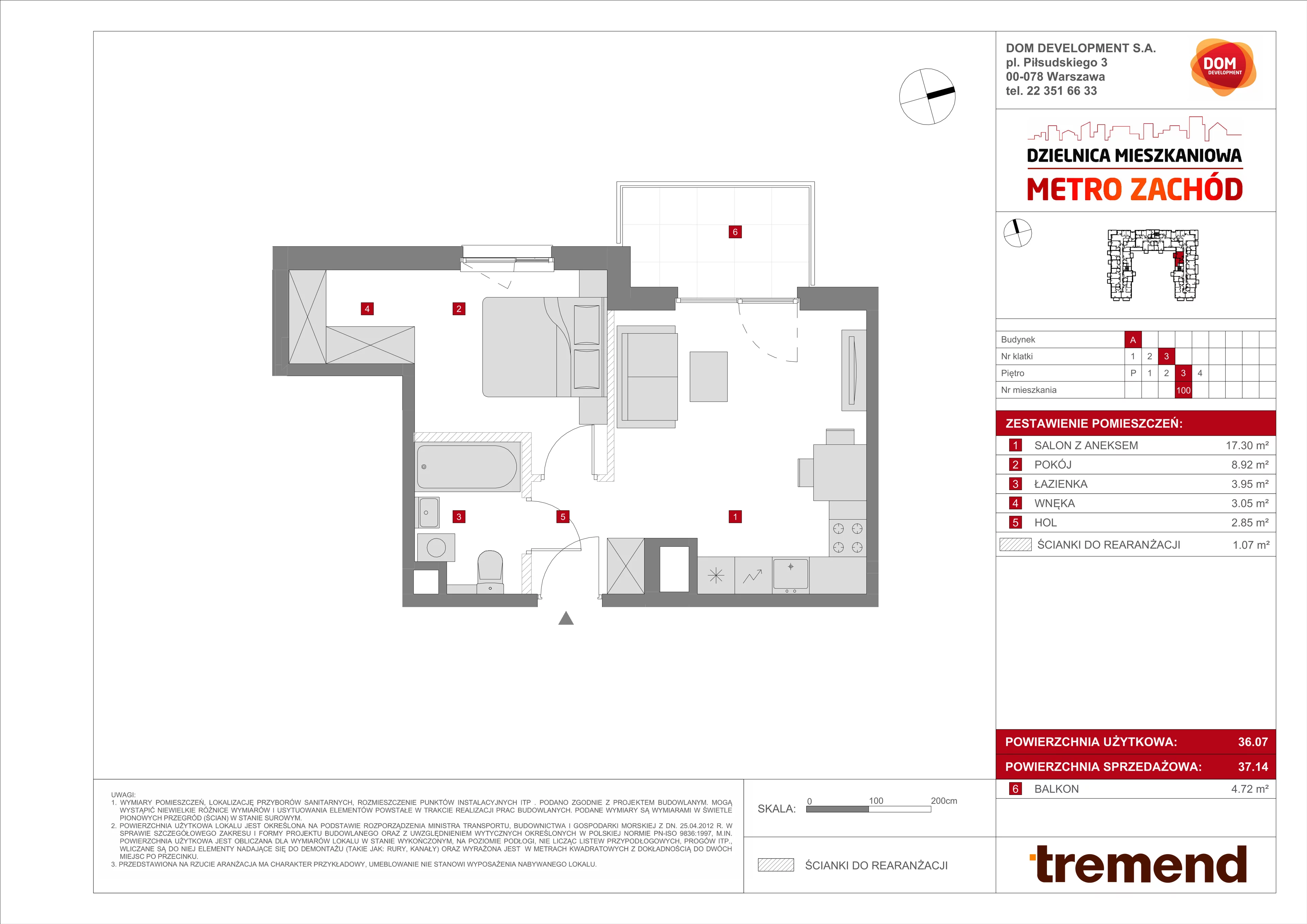 2 pokoje, mieszkanie 37,14 m², piętro 3, oferta nr A/100, Metro Zachód 8 bud. A, C, Warszawa, Bemowo, Chrzanów, ul. Szeligowska