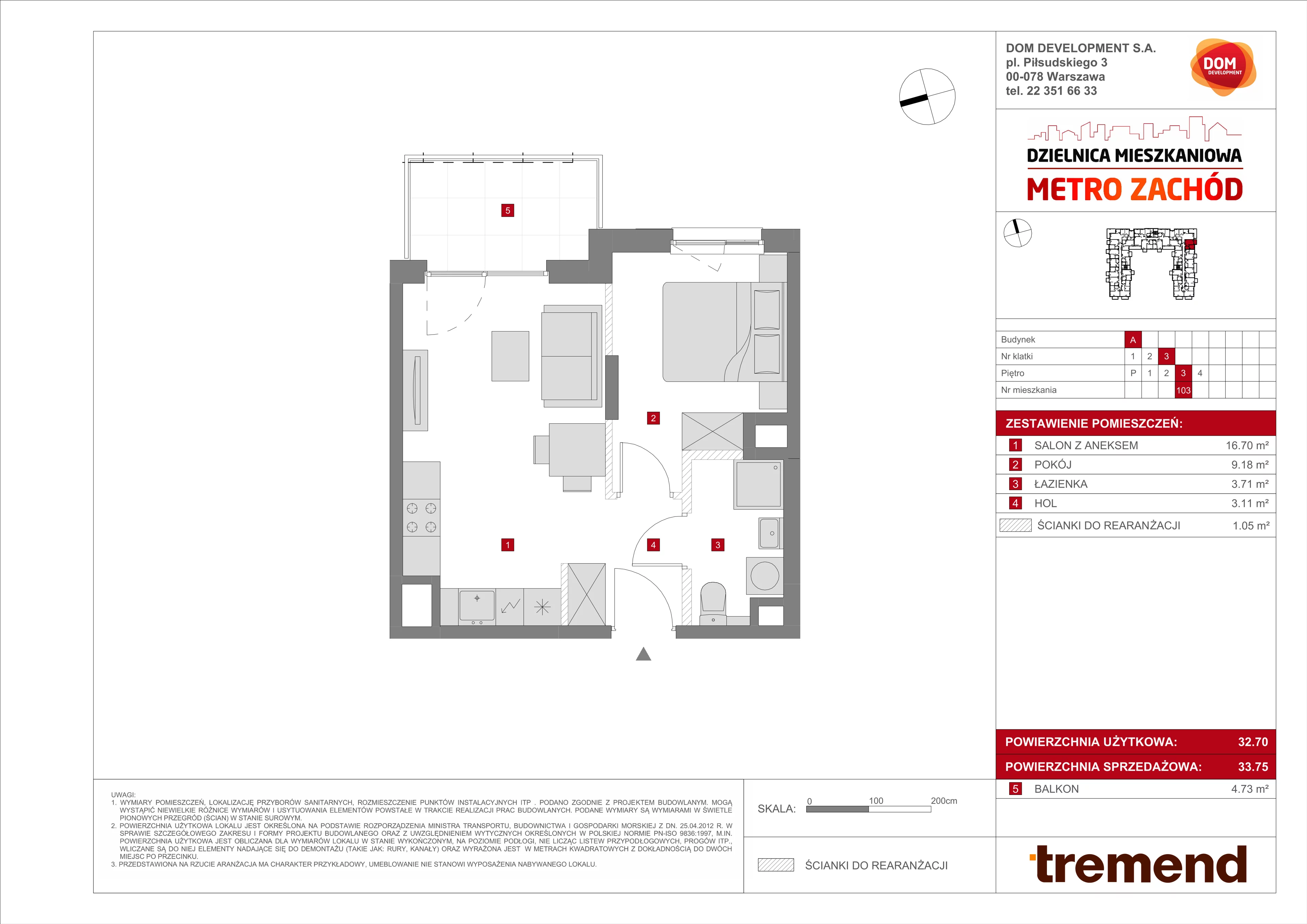2 pokoje, mieszkanie 33,75 m², piętro 3, oferta nr A/103, Metro Zachód 8 bud. A, C, Warszawa, Bemowo, Chrzanów, ul. Szeligowska