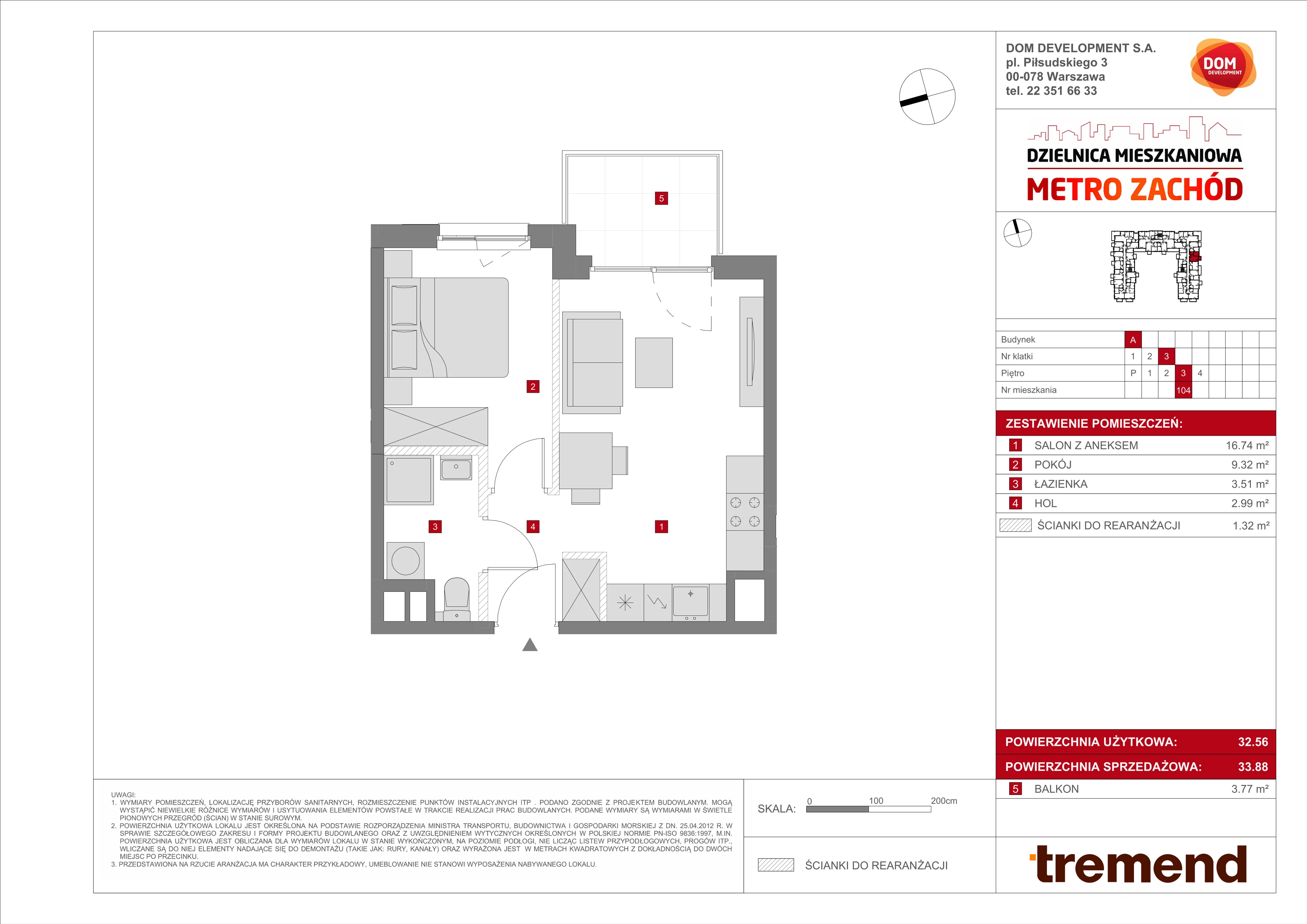 2 pokoje, mieszkanie 33,88 m², piętro 3, oferta nr A/104, Metro Zachód 8 bud. A, C, Warszawa, Bemowo, Chrzanów, ul. Szeligowska