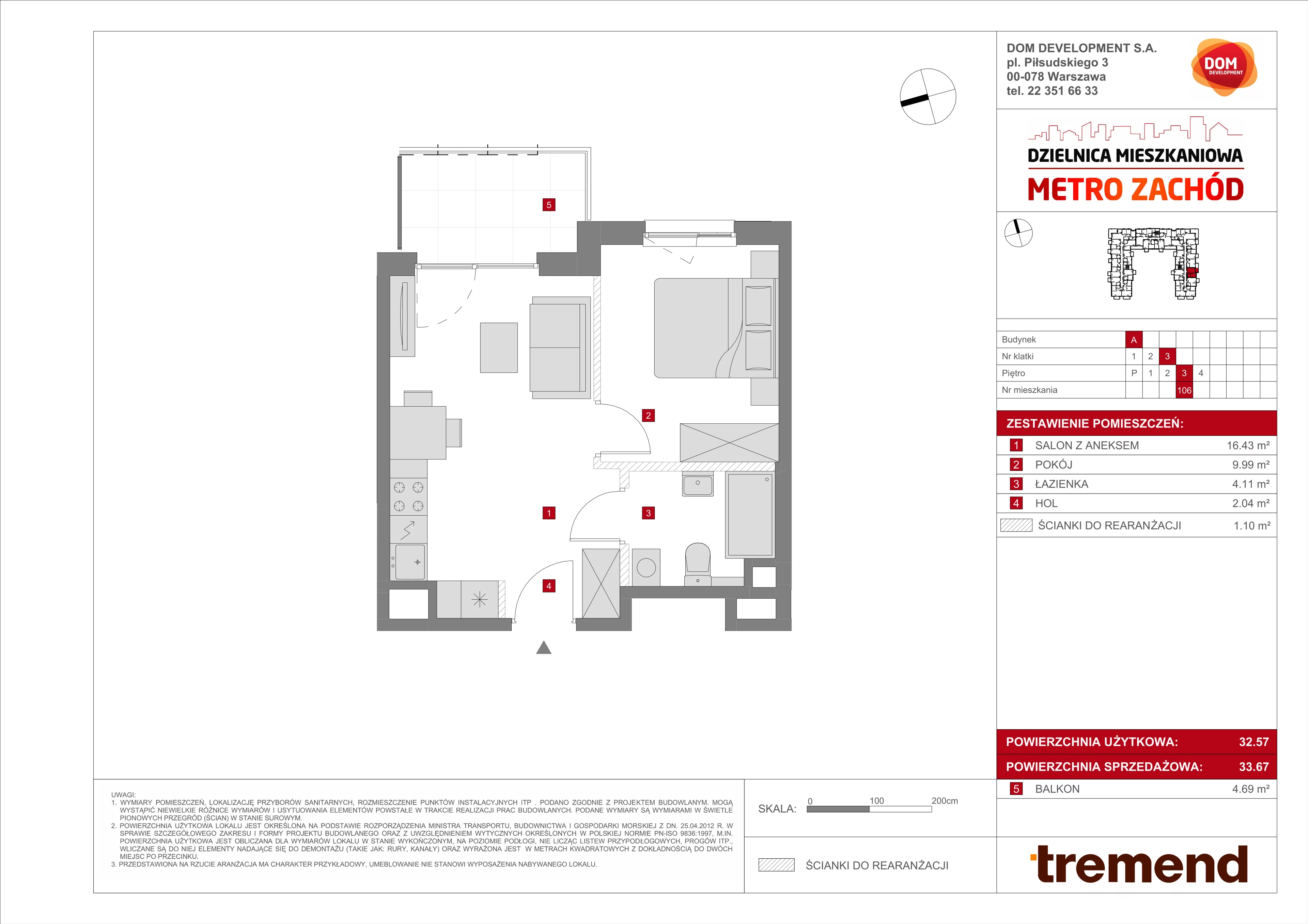 2 pokoje, mieszkanie 33,67 m², piętro 3, oferta nr A/106, Metro Zachód 8 bud. A, C, Warszawa, Bemowo, Chrzanów, ul. Szeligowska