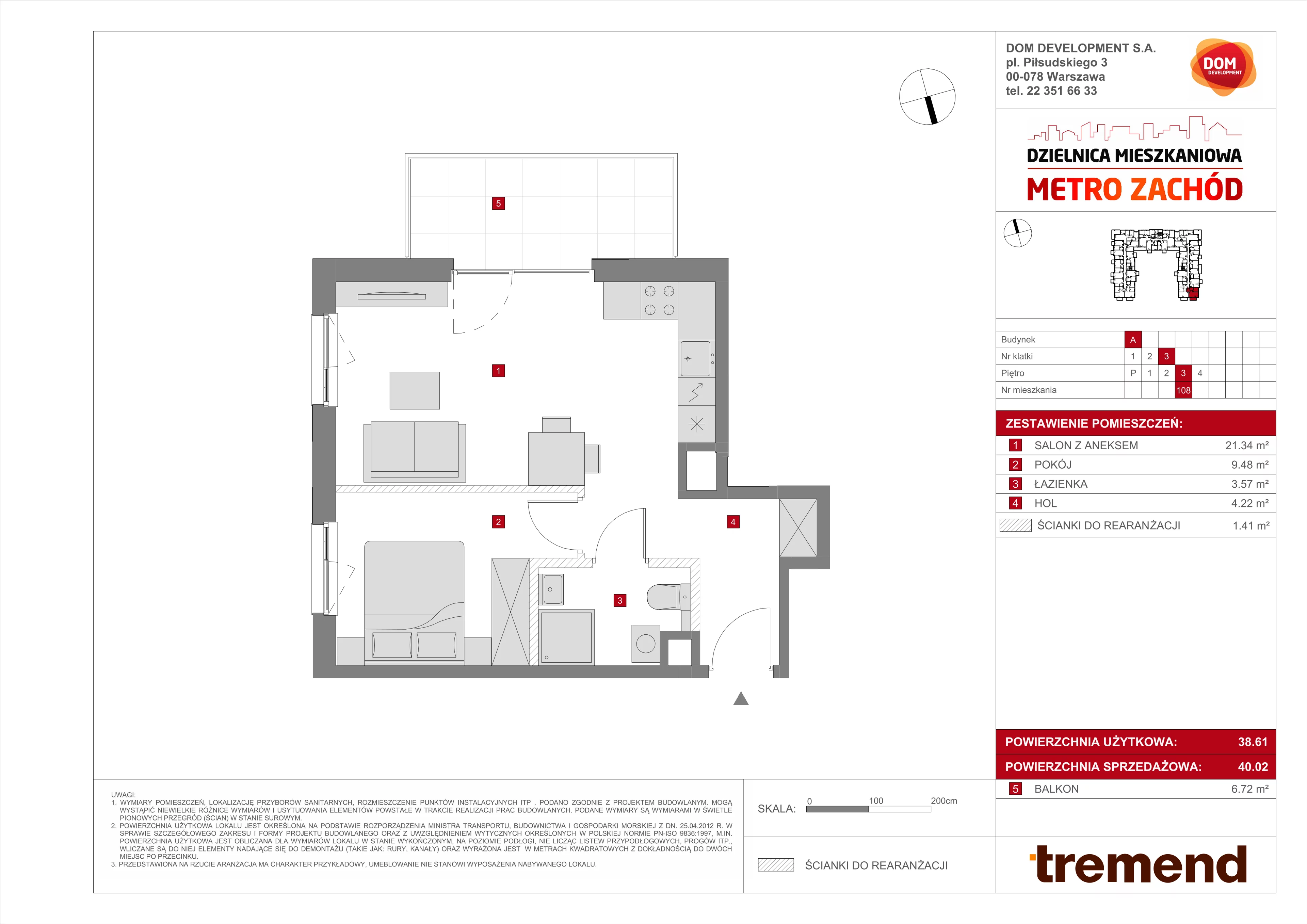 2 pokoje, mieszkanie 40,02 m², piętro 3, oferta nr A/108, Metro Zachód 8 bud. A, C, Warszawa, Bemowo, Chrzanów, ul. Szeligowska