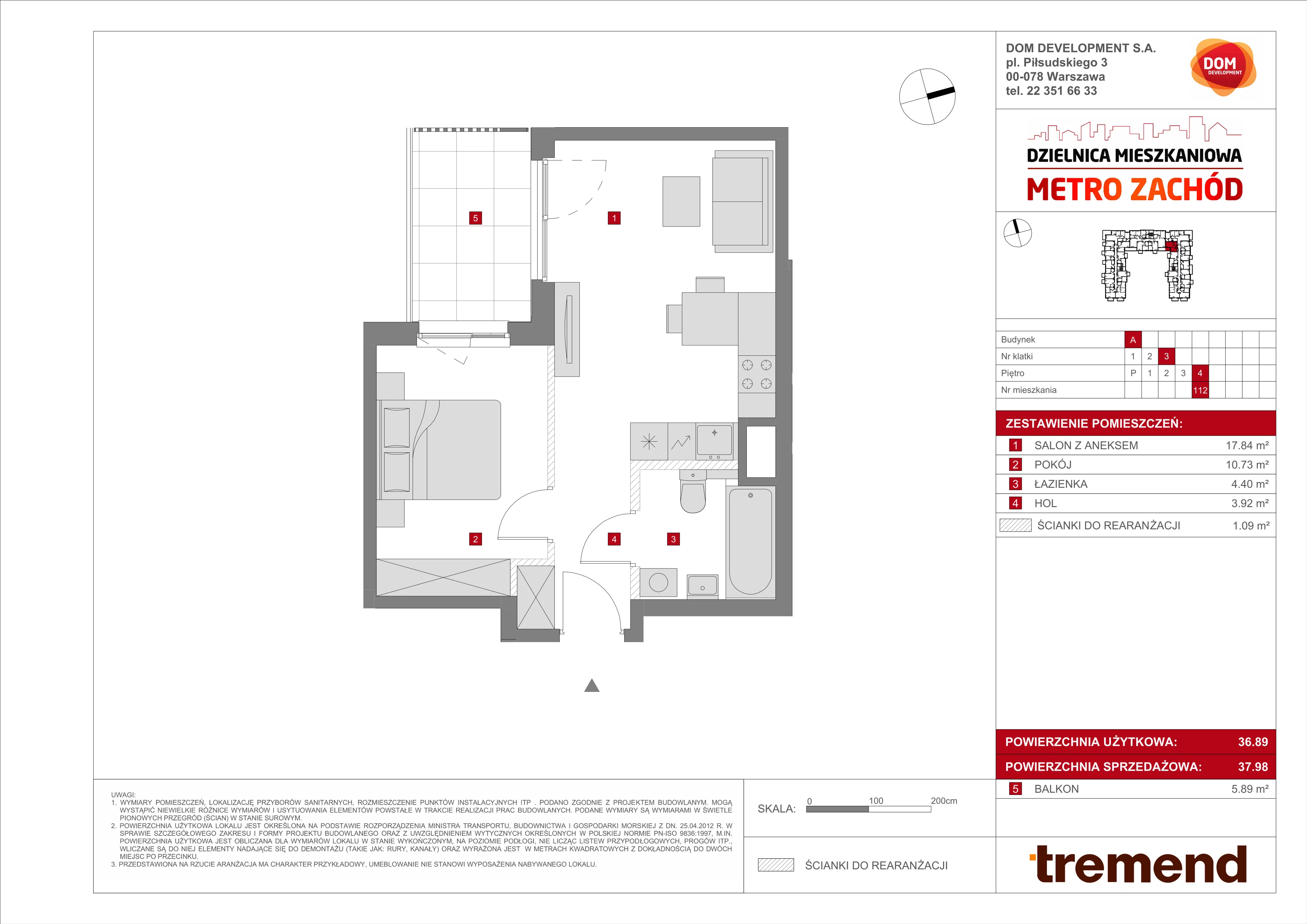 2 pokoje, mieszkanie 37,98 m², piętro 4, oferta nr A/112, Metro Zachód 8 bud. A, C, Warszawa, Bemowo, Chrzanów, ul. Szeligowska