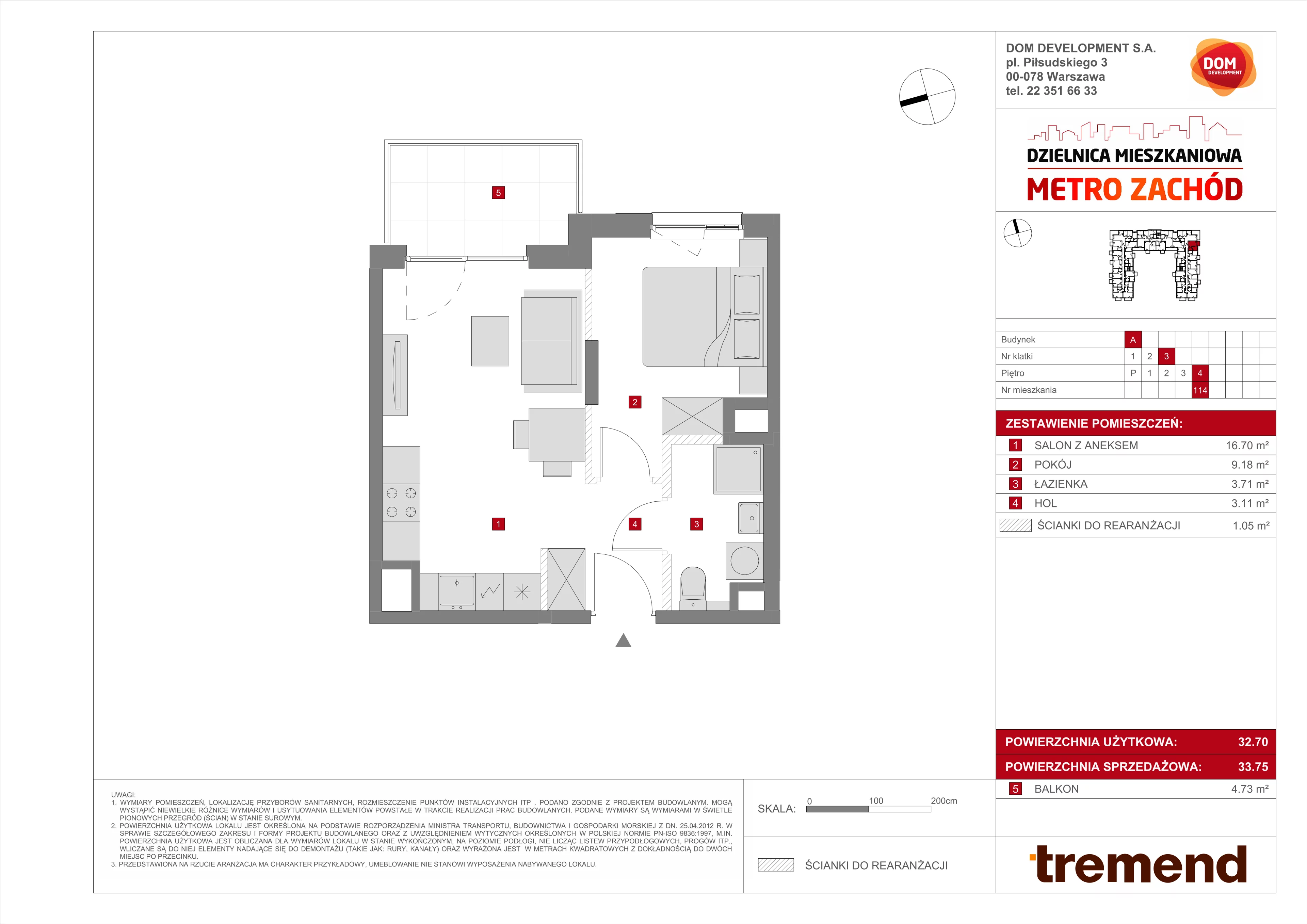 2 pokoje, mieszkanie 33,75 m², piętro 4, oferta nr A/114, Metro Zachód 8 bud. A, C, Warszawa, Bemowo, Chrzanów, ul. Szeligowska