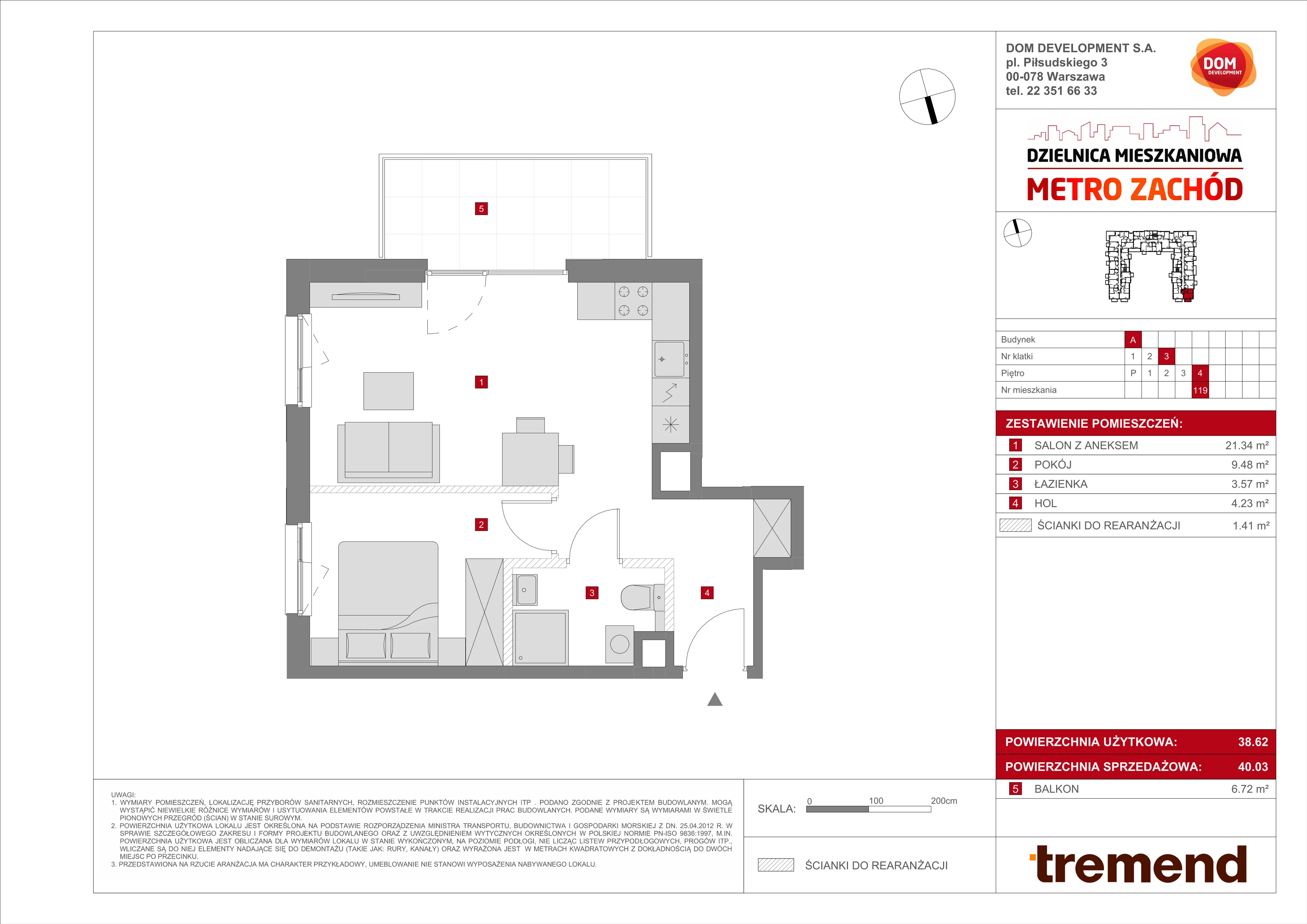 2 pokoje, mieszkanie 40,03 m², piętro 4, oferta nr A/119, Metro Zachód 8 bud. A, C, Warszawa, Bemowo, Chrzanów, ul. Szeligowska
