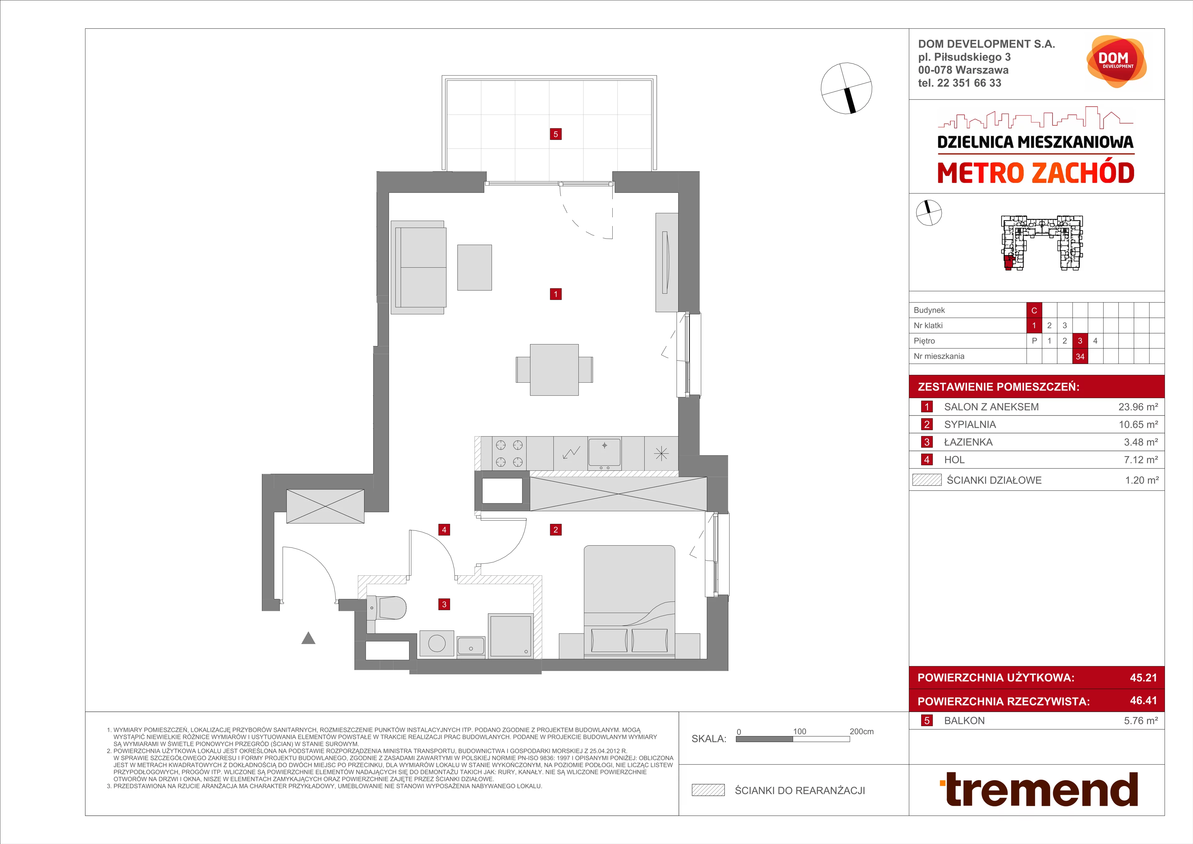 2 pokoje, mieszkanie 46,41 m², piętro 3, oferta nr C/34, Metro Zachód 8 bud. A, C, Warszawa, Bemowo, Chrzanów, ul. Szeligowska