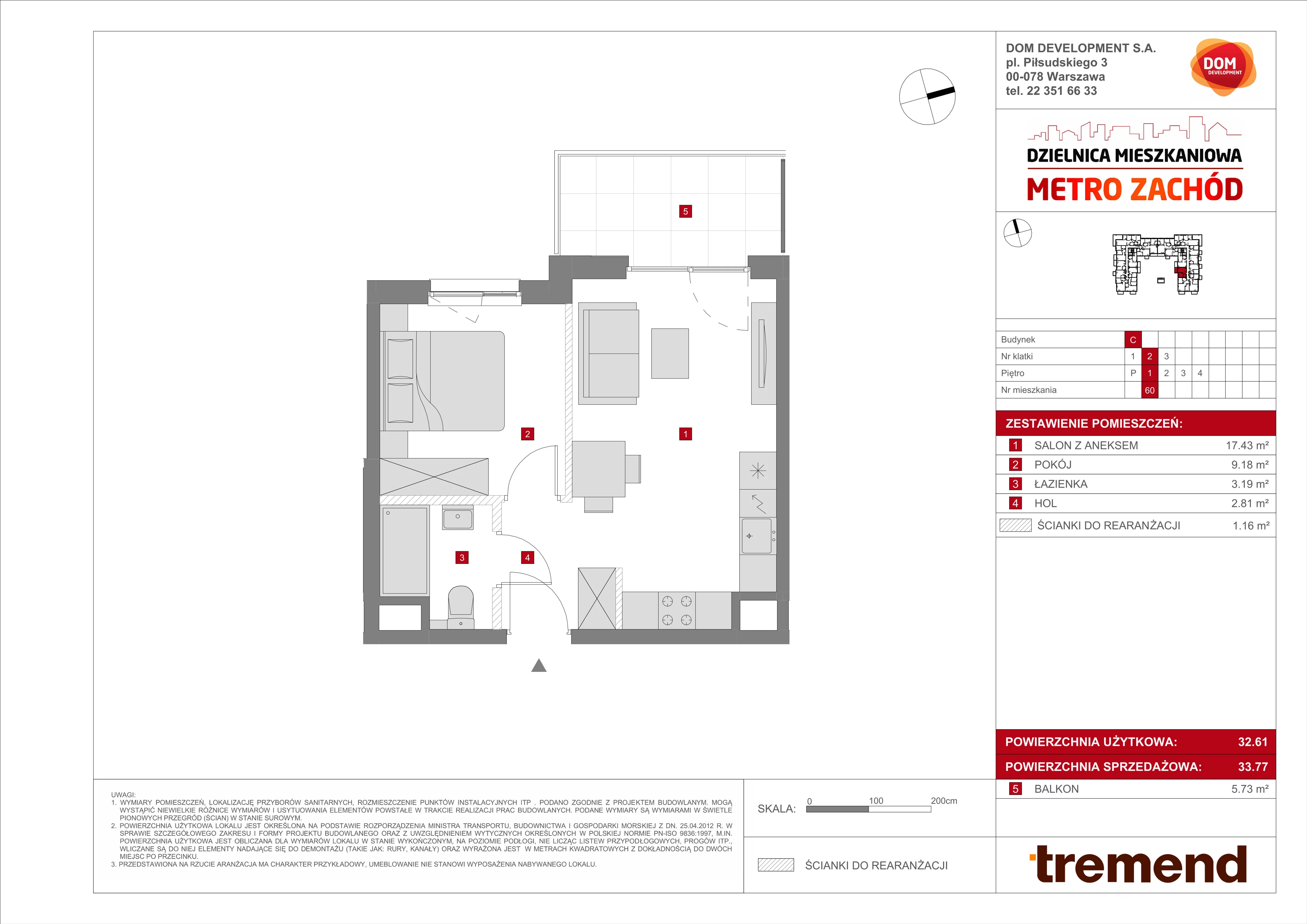 2 pokoje, mieszkanie 33,77 m², piętro 1, oferta nr C/60, Metro Zachód 8 bud. A, C, Warszawa, Bemowo, Chrzanów, ul. Szeligowska