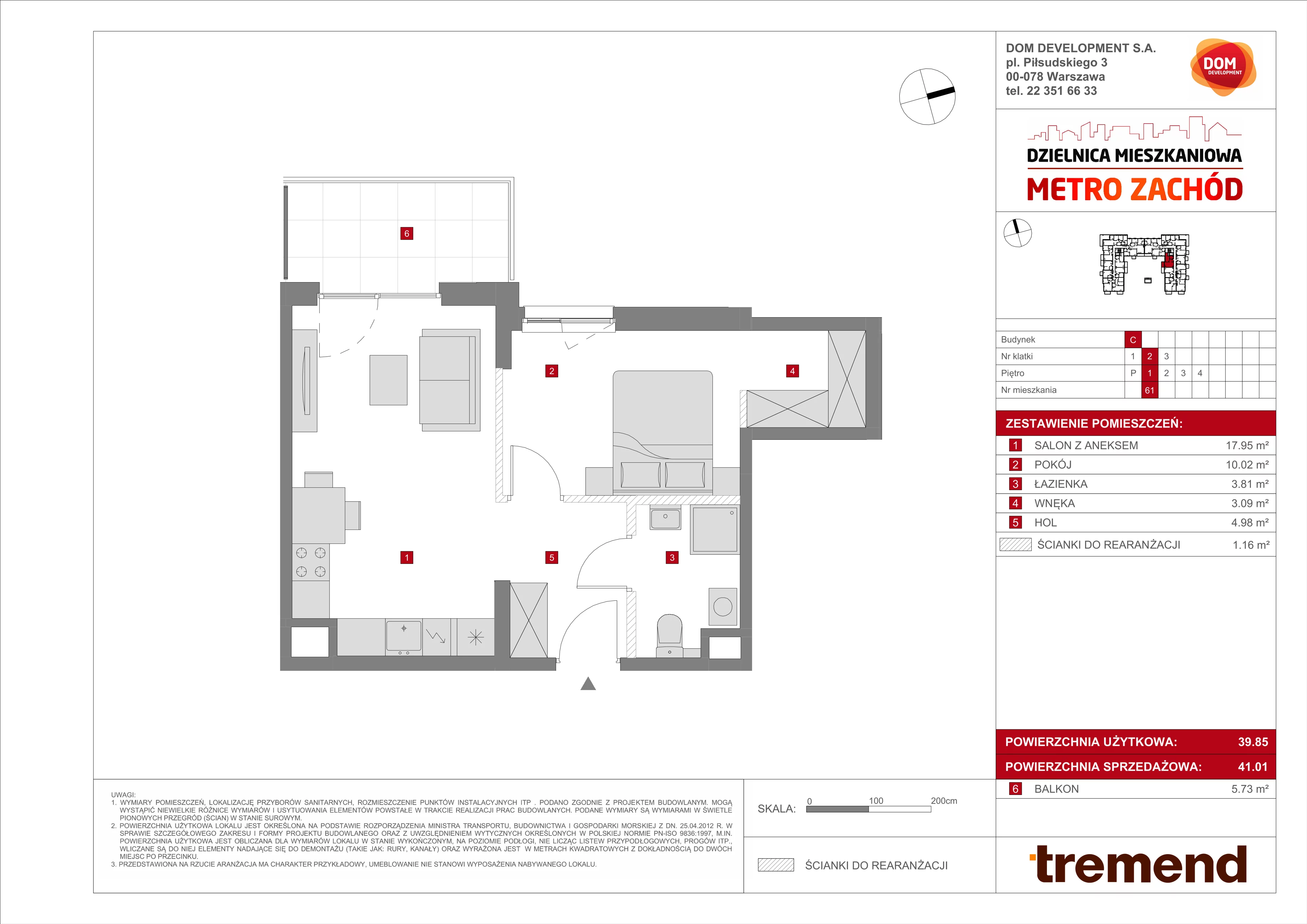 2 pokoje, mieszkanie 41,01 m², piętro 1, oferta nr C/61, Metro Zachód 8 bud. A, C, Warszawa, Bemowo, Chrzanów, ul. Szeligowska