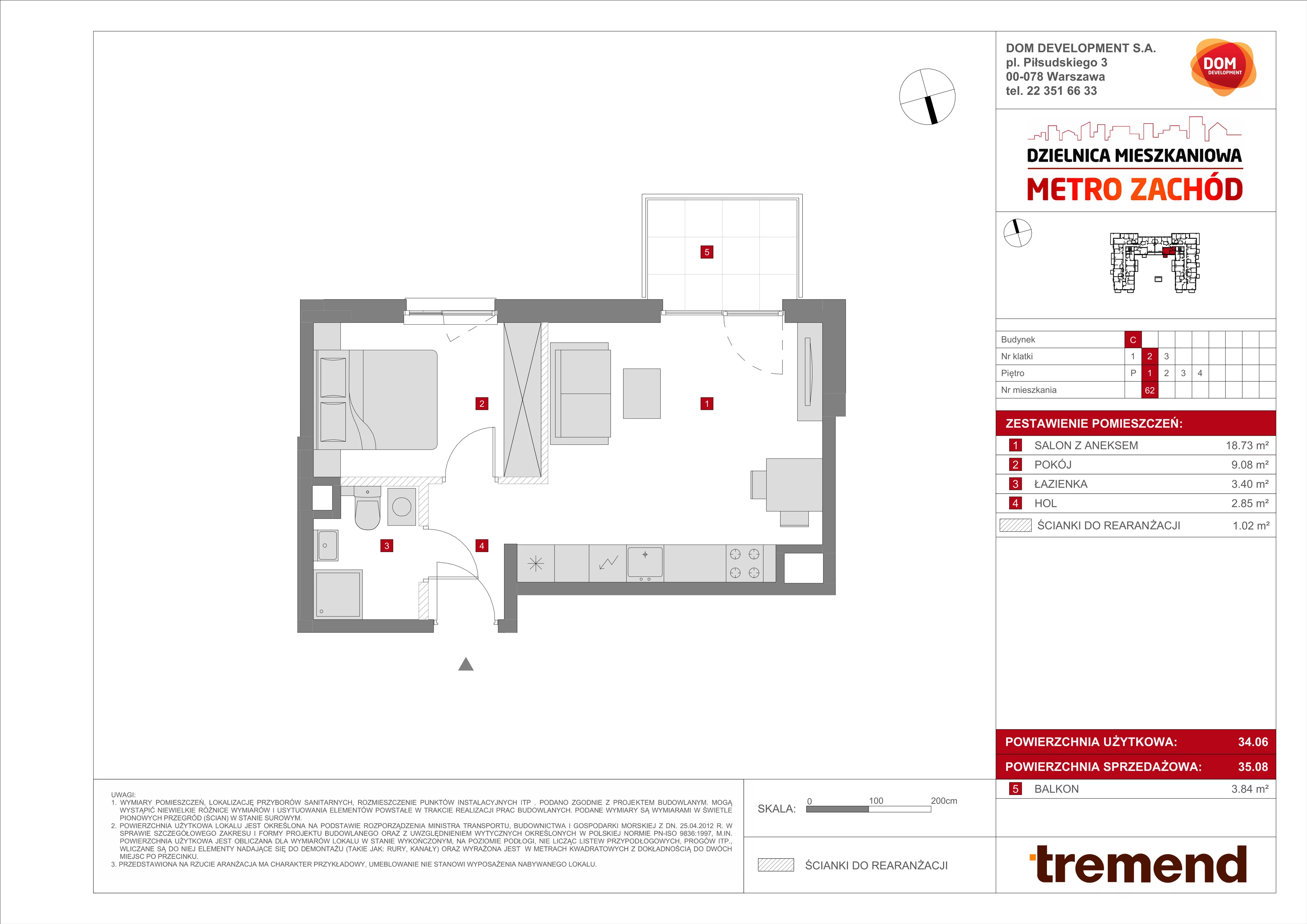 2 pokoje, mieszkanie 35,08 m², piętro 1, oferta nr C/62, Metro Zachód 8 bud. A, C, Warszawa, Bemowo, Chrzanów, ul. Szeligowska