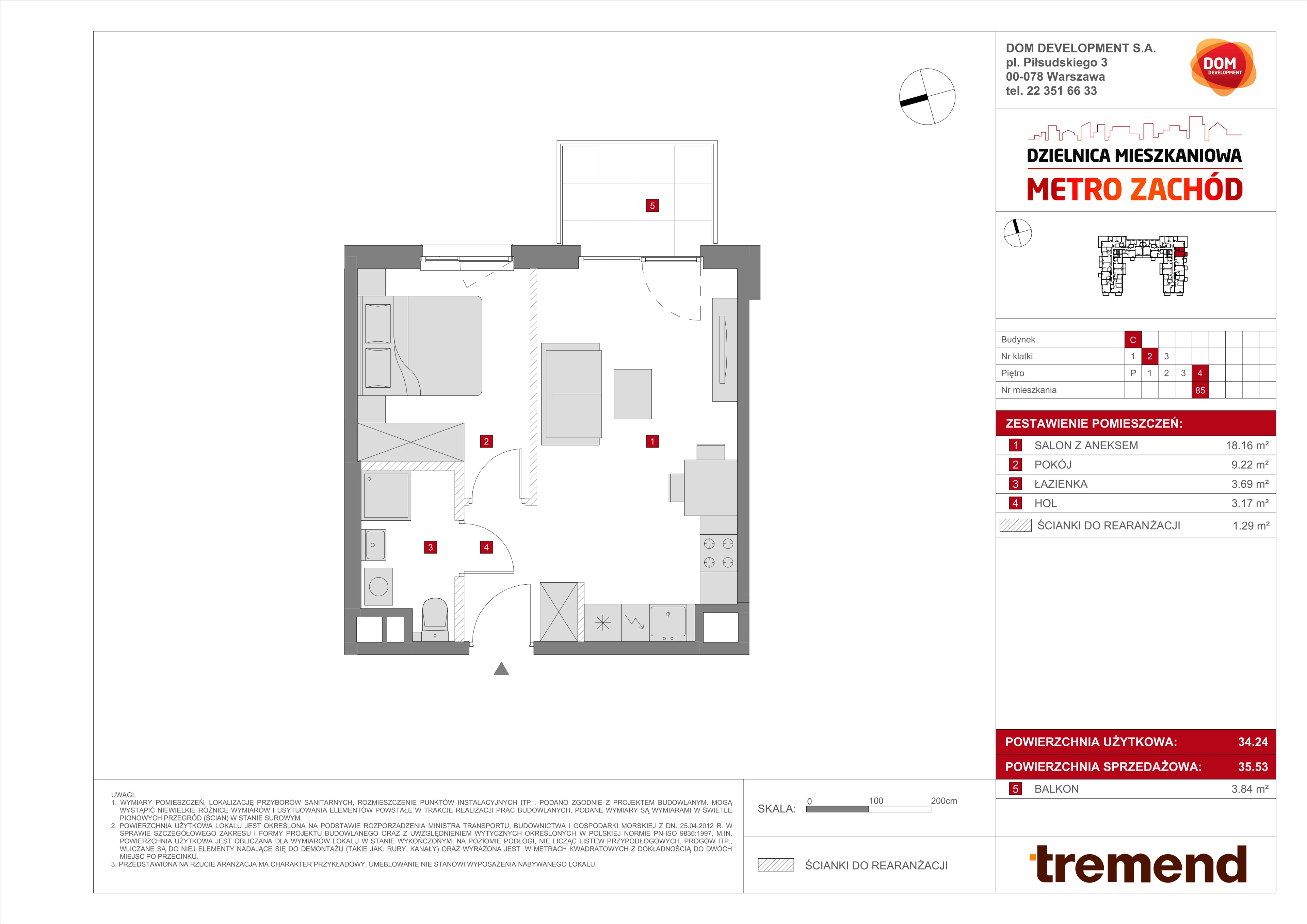 2 pokoje, mieszkanie 35,53 m², piętro 4, oferta nr C/85, Metro Zachód 8 bud. A, C, Warszawa, Bemowo, Chrzanów, ul. Szeligowska