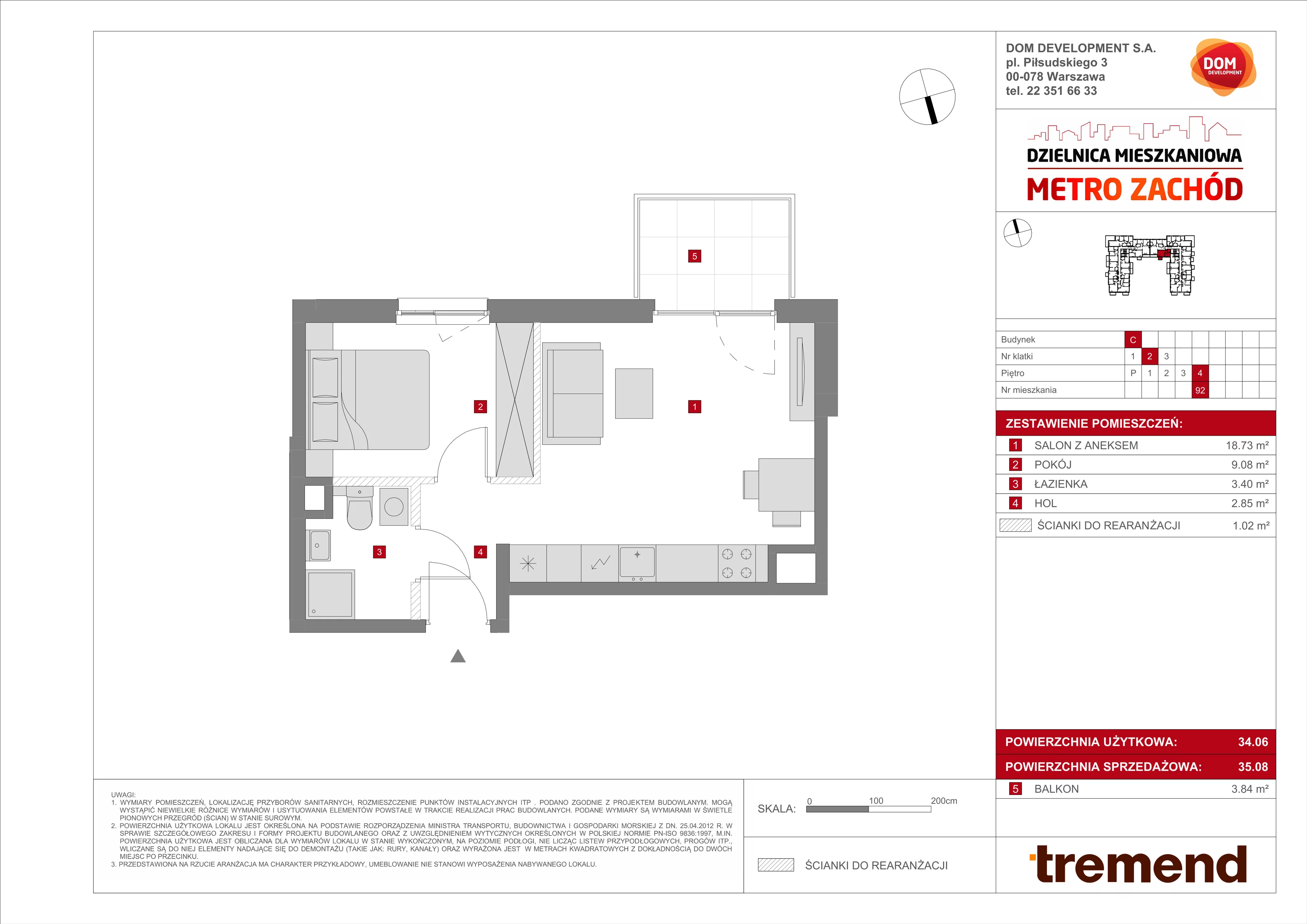 2 pokoje, mieszkanie 35,08 m², piętro 4, oferta nr C/92, Metro Zachód 8 bud. A, C, Warszawa, Bemowo, Chrzanów, ul. Szeligowska