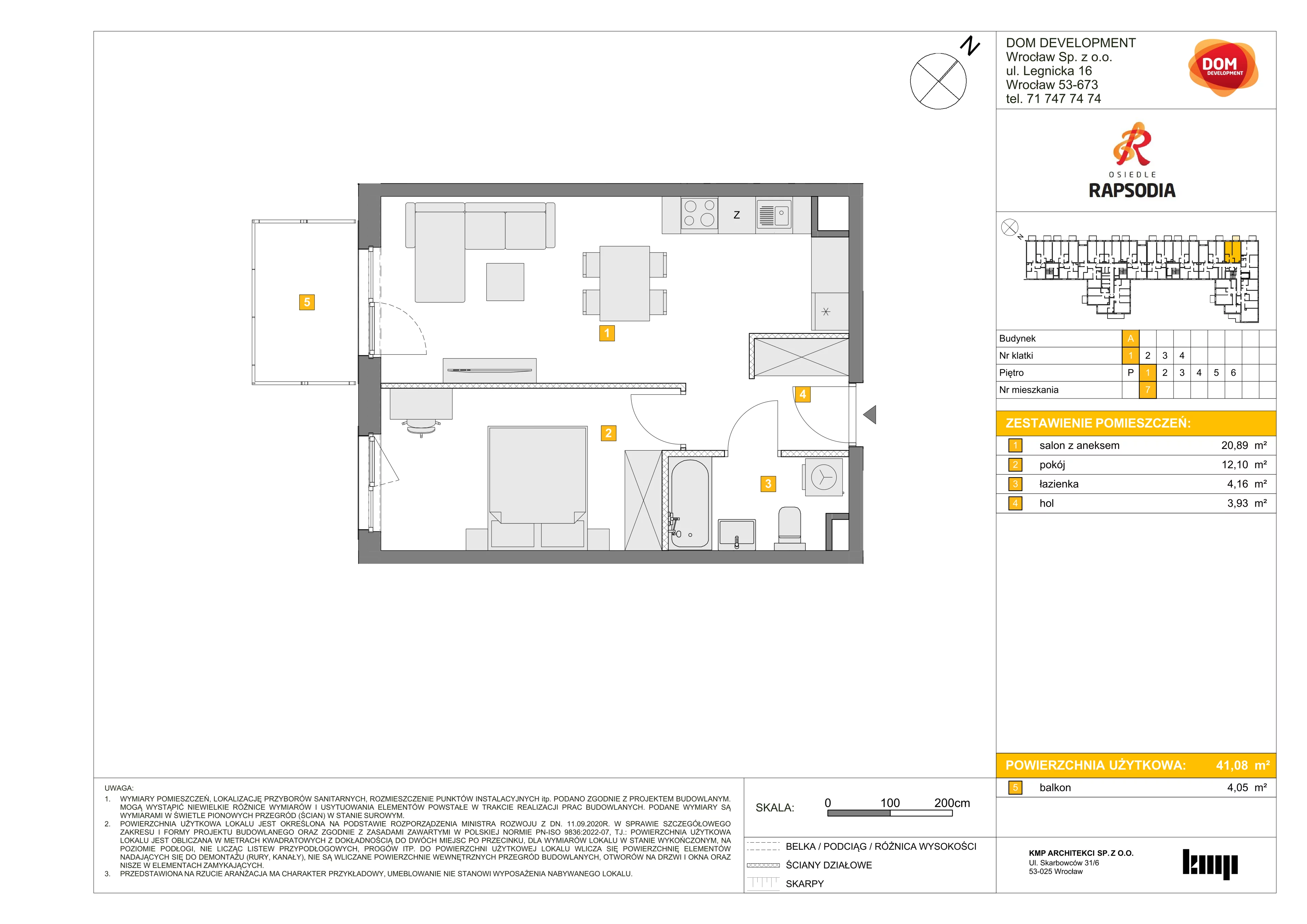 2 pokoje, mieszkanie 41,08 m², piętro 1, oferta nr A/7, Osiedle Rapsodia, Wrocław, Karłowice-Różanka, Różanka, ul. Wołowska 5