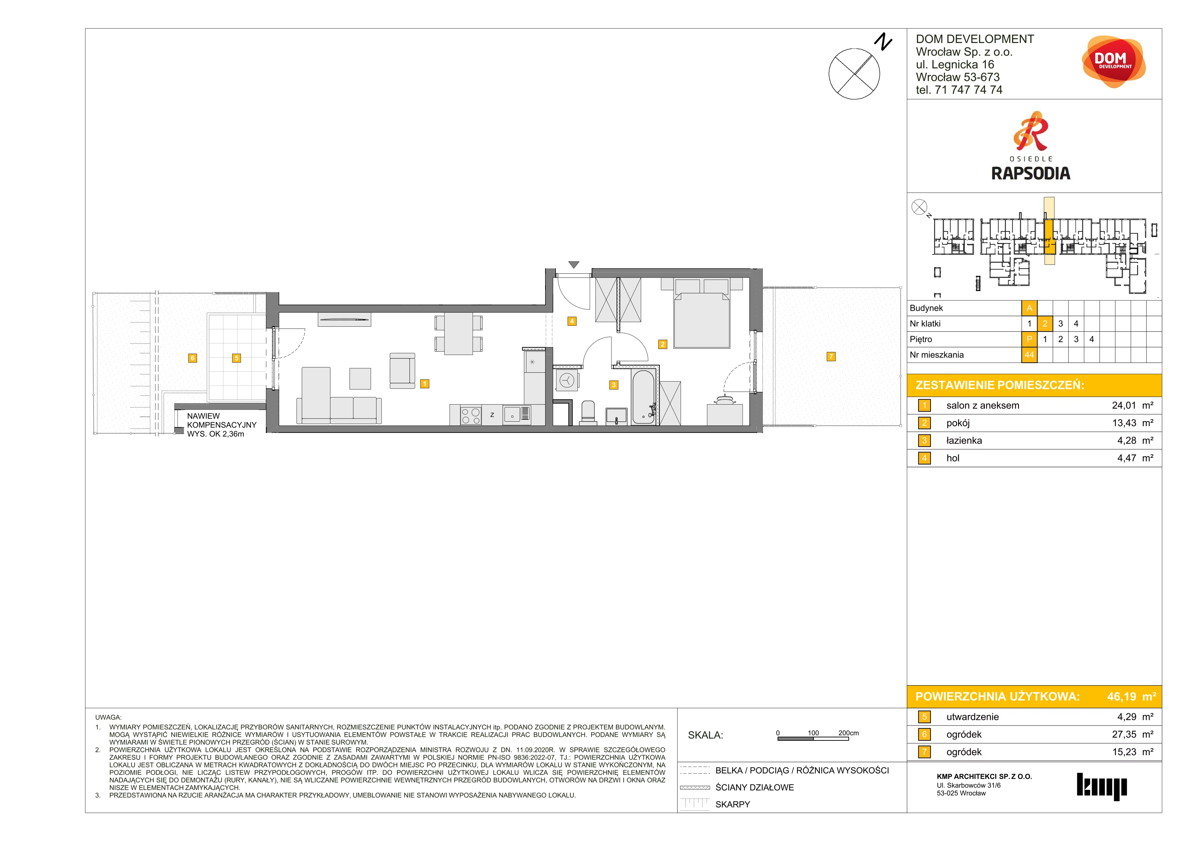 2 pokoje, mieszkanie 46,19 m², parter, oferta nr A/44, Osiedle Rapsodia, Wrocław, Karłowice-Różanka, Różanka, ul. Wołowska 5