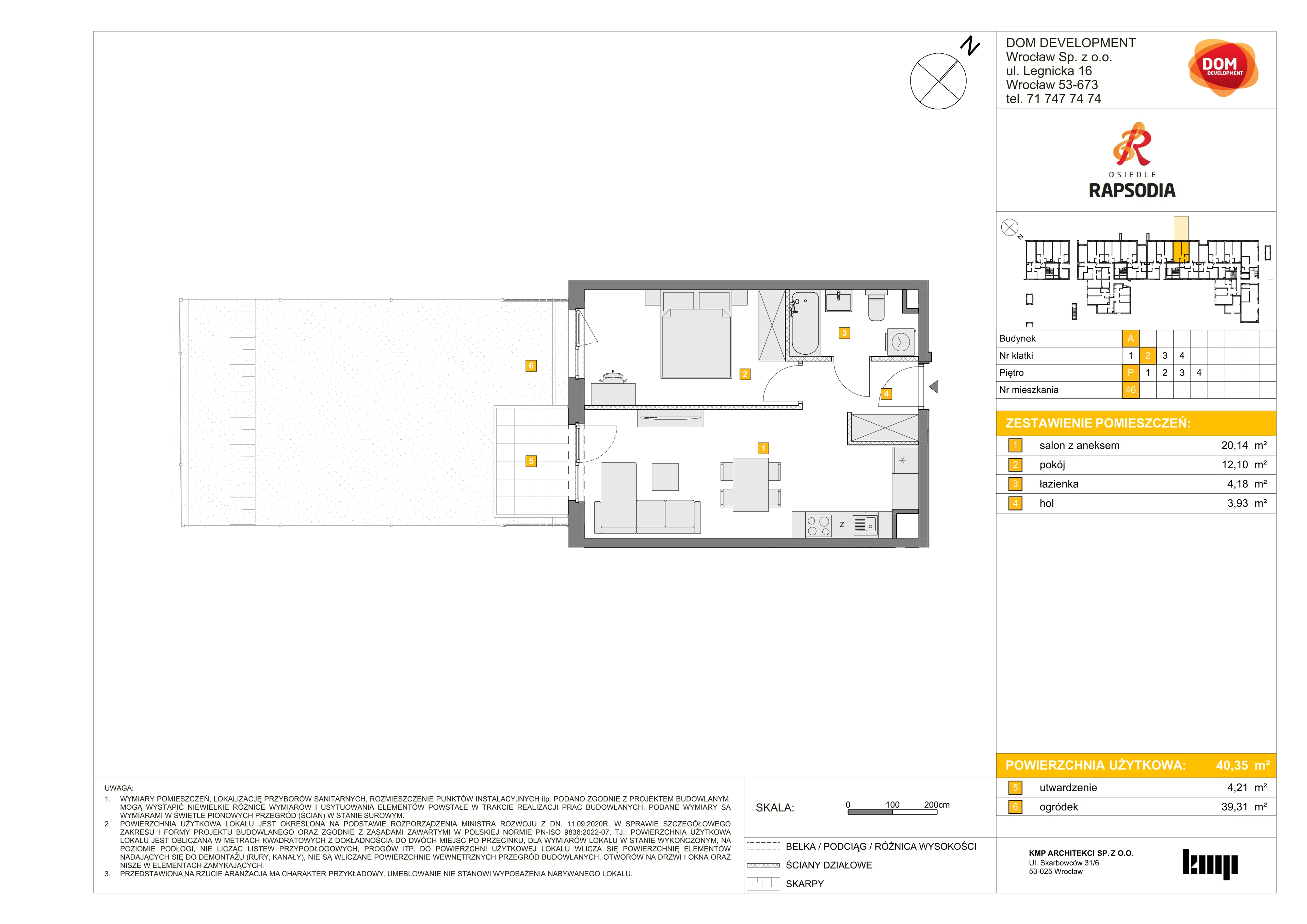2 pokoje, mieszkanie 40,35 m², parter, oferta nr A/46, Osiedle Rapsodia, Wrocław, Karłowice-Różanka, Różanka, ul. Wołowska 5