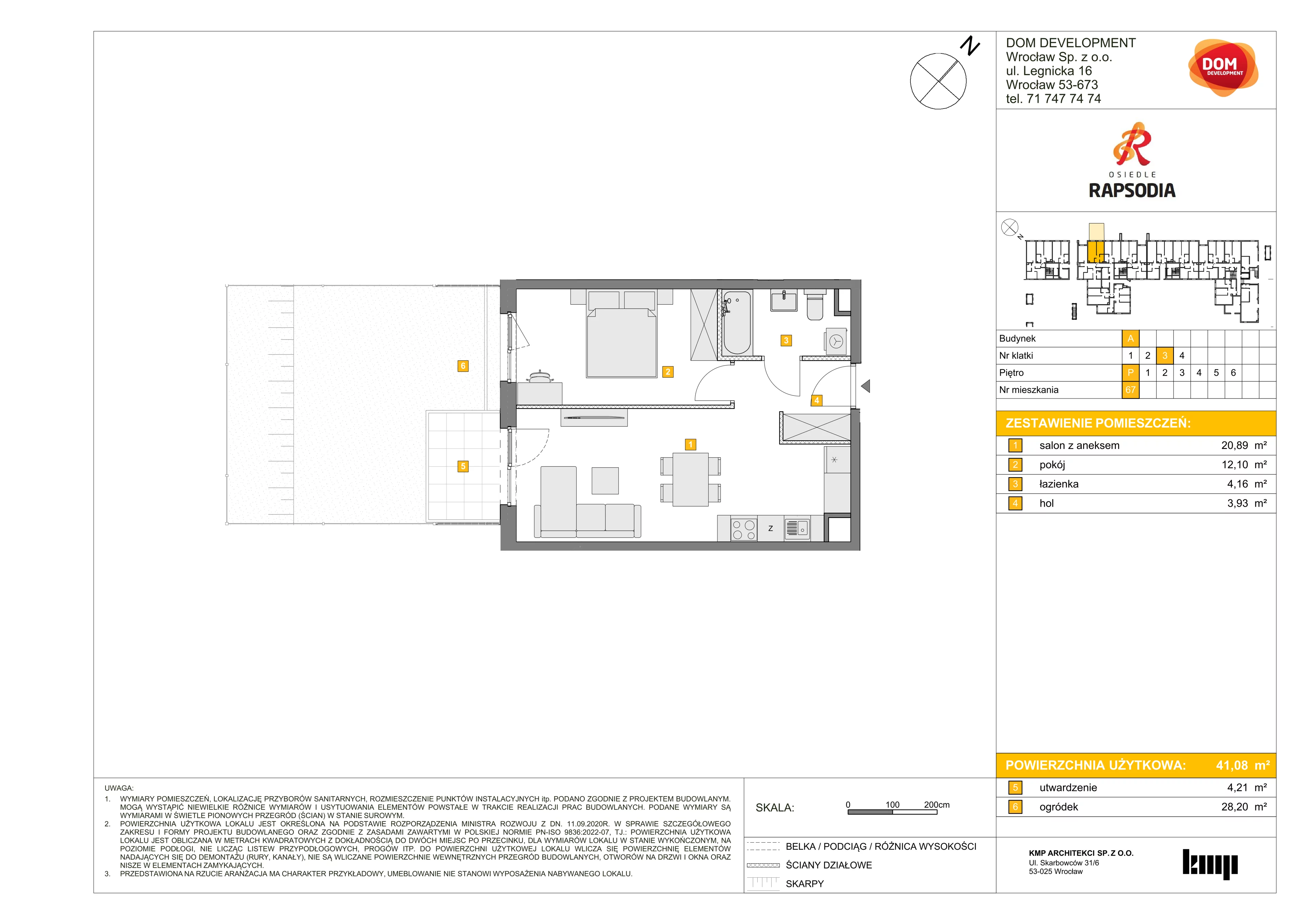 2 pokoje, mieszkanie 41,08 m², parter, oferta nr A/67, Osiedle Rapsodia, Wrocław, Karłowice-Różanka, Różanka, ul. Wołowska 5