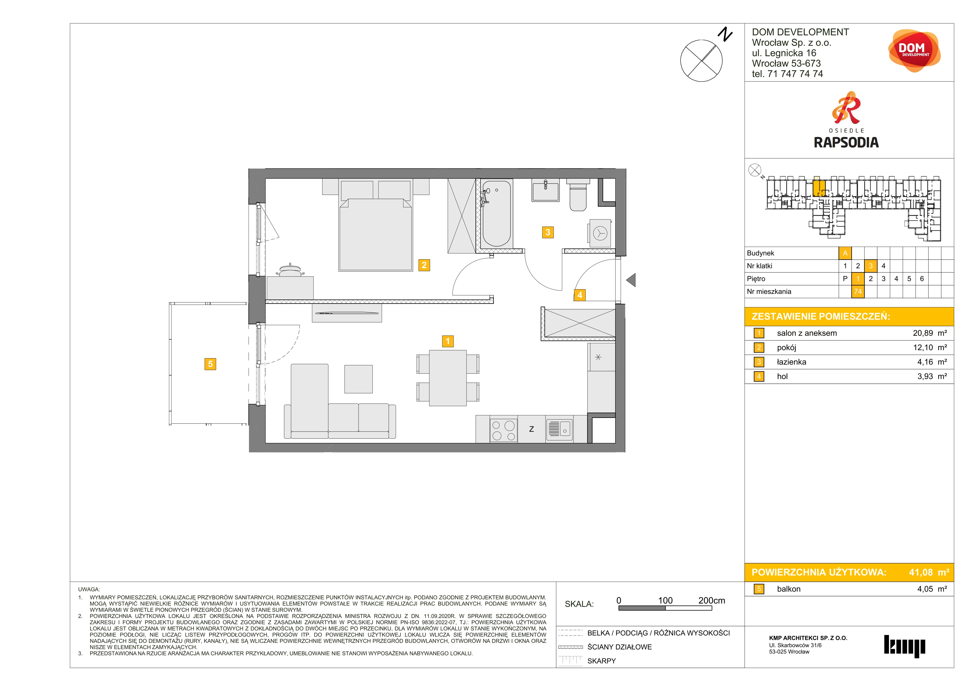2 pokoje, mieszkanie 41,08 m², piętro 1, oferta nr A/74, Osiedle Rapsodia, Wrocław, Karłowice-Różanka, Różanka, ul. Wołowska 5