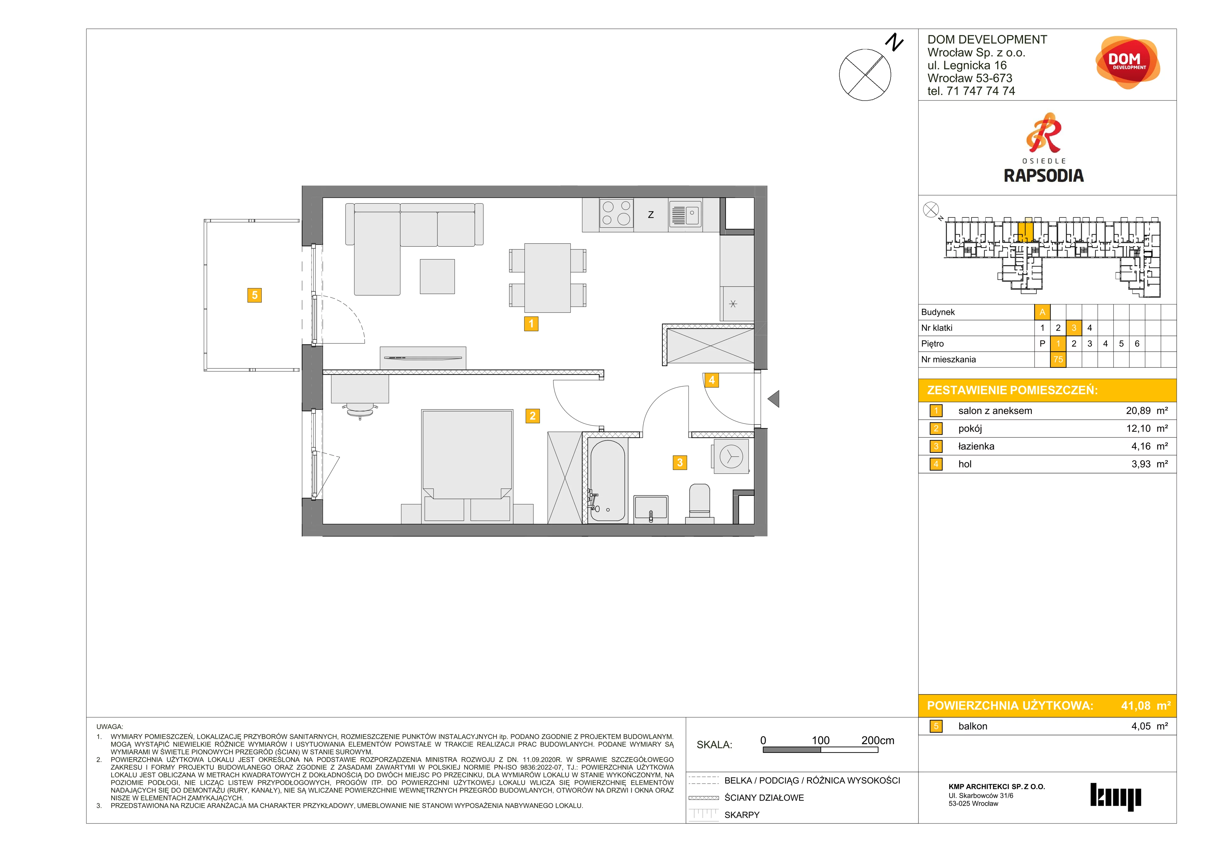 2 pokoje, mieszkanie 41,08 m², piętro 1, oferta nr A/75, Osiedle Rapsodia, Wrocław, Karłowice-Różanka, Różanka, ul. Wołowska 5