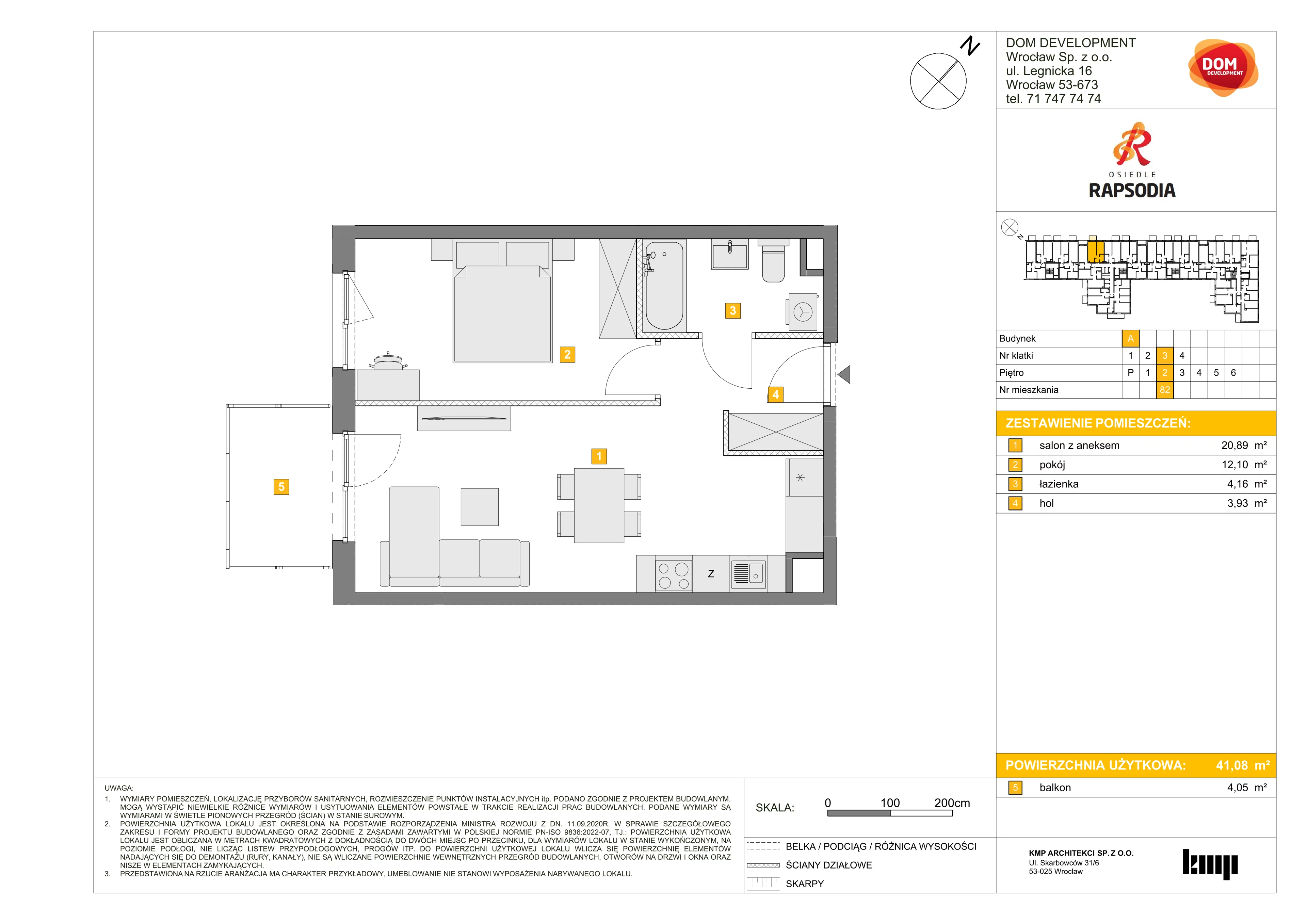 2 pokoje, mieszkanie 41,08 m², piętro 2, oferta nr A/82, Osiedle Rapsodia, Wrocław, Karłowice-Różanka, Różanka, ul. Wołowska 5