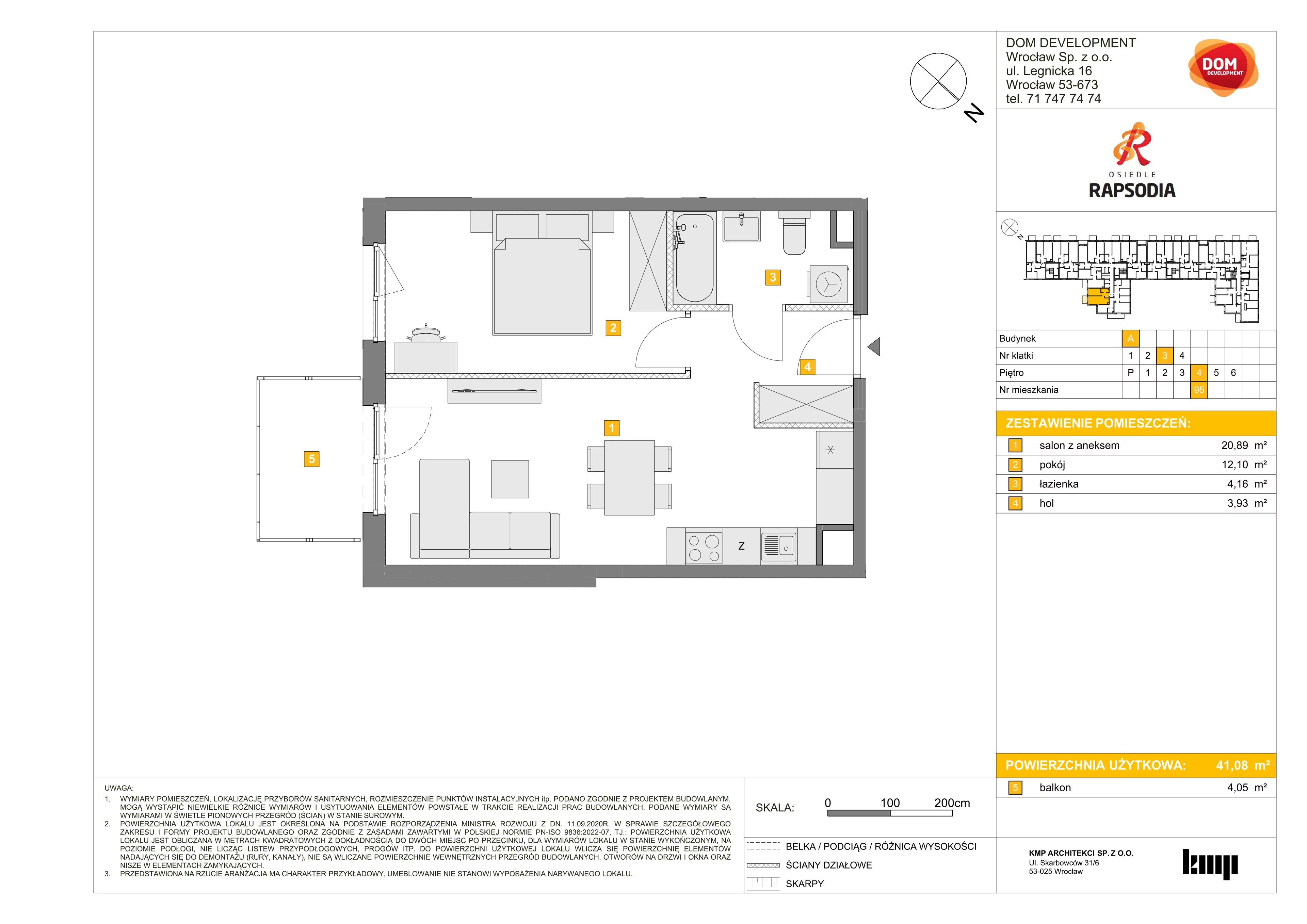 2 pokoje, mieszkanie 41,08 m², piętro 4, oferta nr A/95, Osiedle Rapsodia, Wrocław, Karłowice-Różanka, Różanka, ul. Wołowska 5