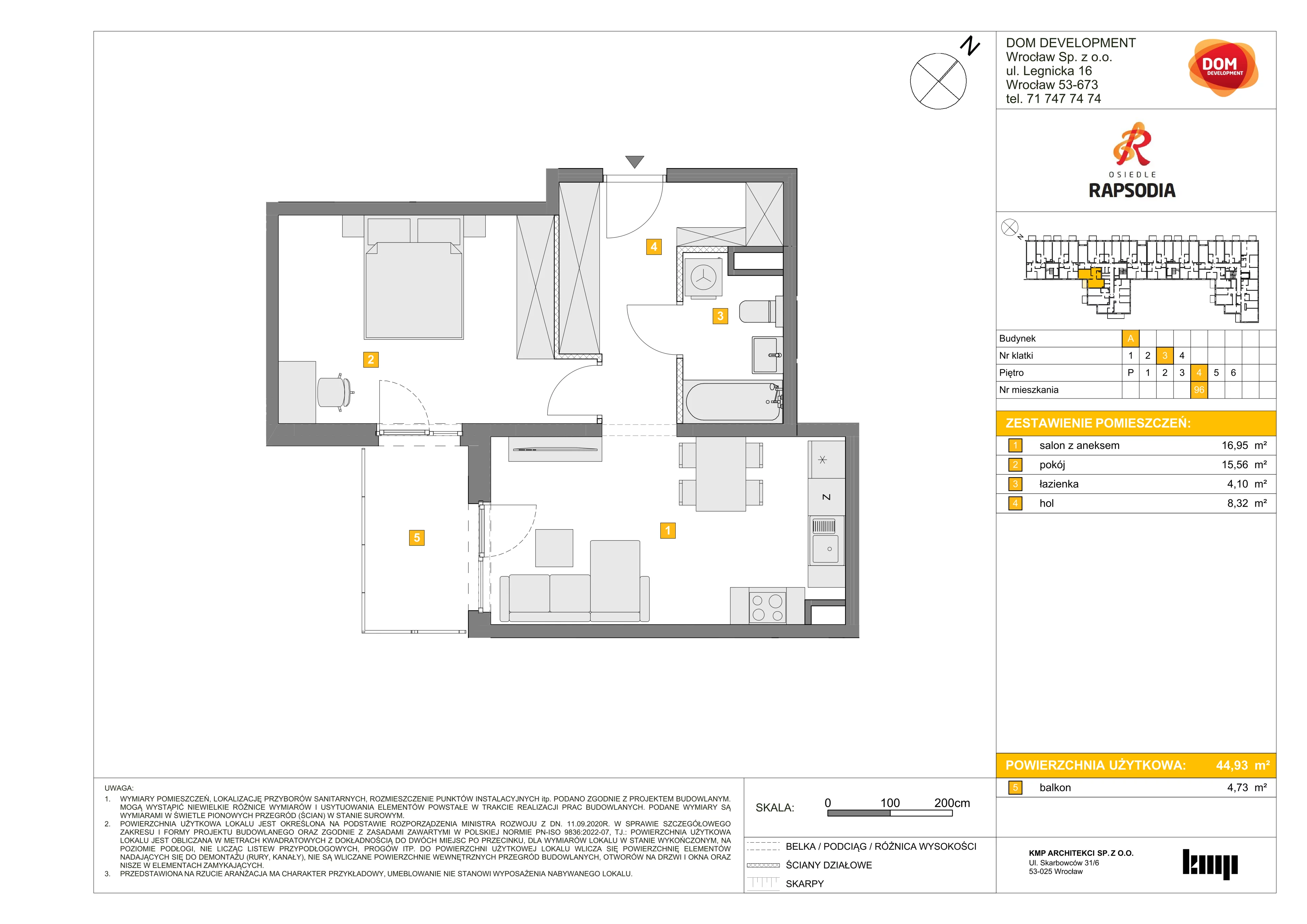 2 pokoje, mieszkanie 44,93 m², piętro 4, oferta nr A/96, Osiedle Rapsodia, Wrocław, Karłowice-Różanka, Różanka, ul. Wołowska 5