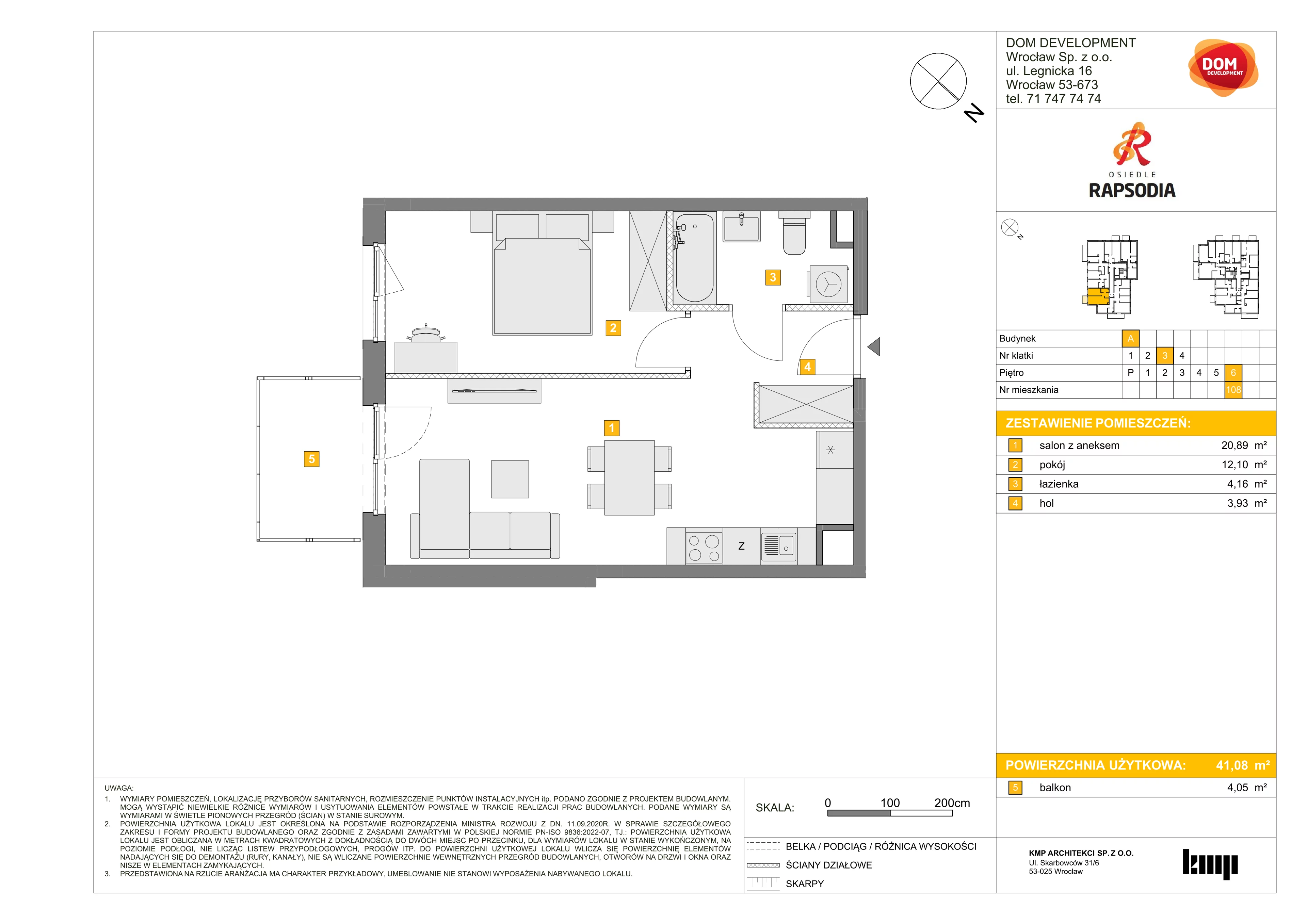 2 pokoje, mieszkanie 41,08 m², piętro 6, oferta nr A/108, Osiedle Rapsodia, Wrocław, Karłowice-Różanka, Różanka, ul. Wołowska 5