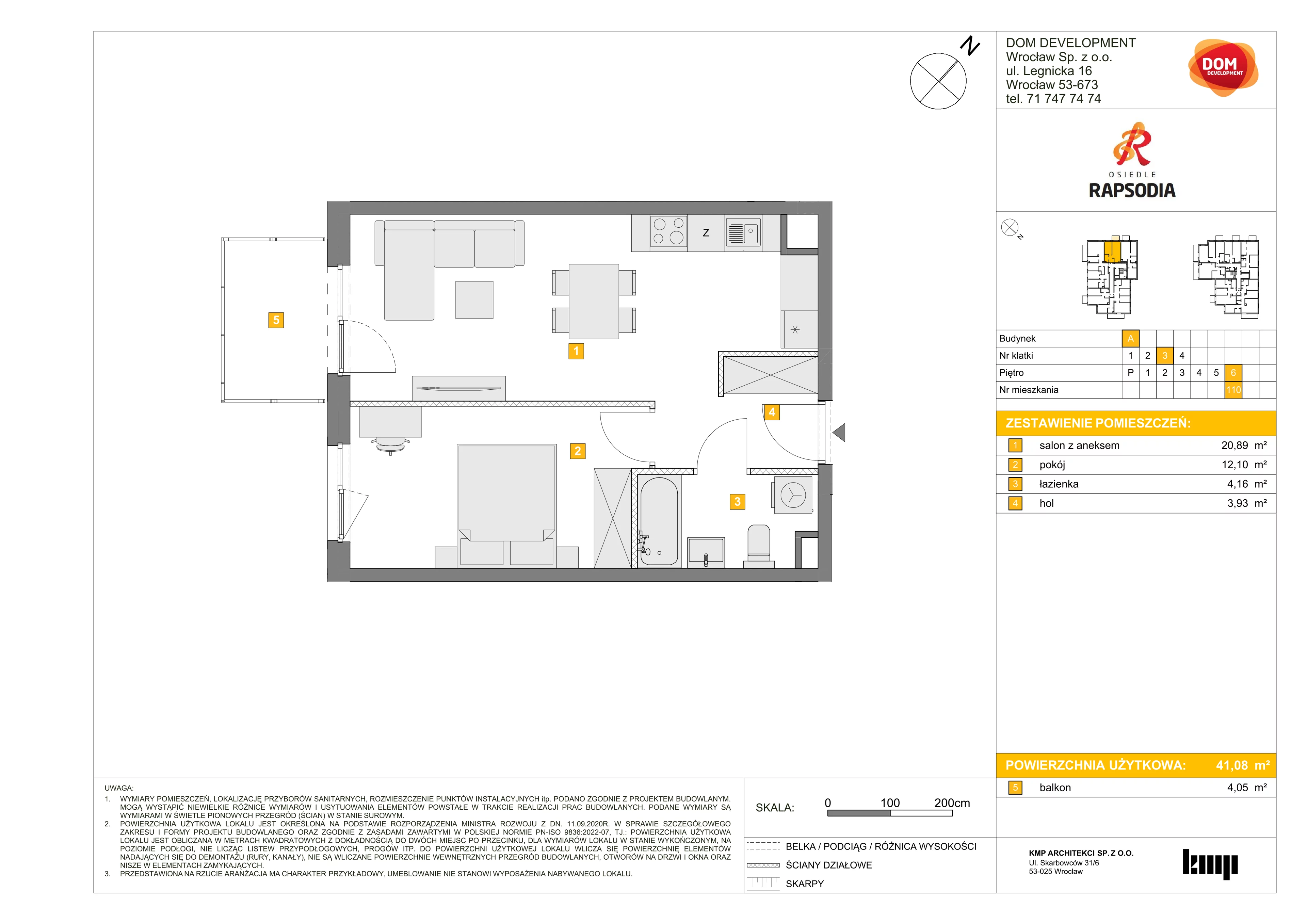2 pokoje, mieszkanie 41,08 m², piętro 6, oferta nr A/110, Osiedle Rapsodia, Wrocław, Karłowice-Różanka, Różanka, ul. Wołowska 5