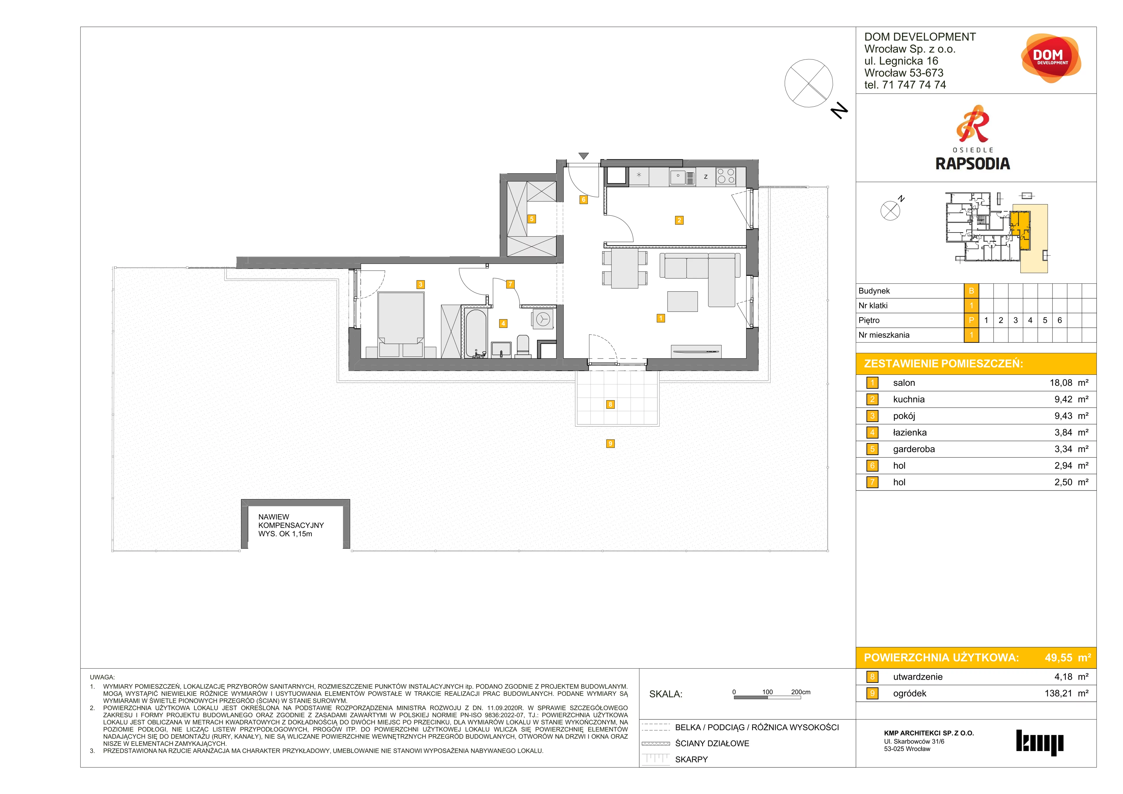 2 pokoje, mieszkanie 49,55 m², parter, oferta nr B/1, Osiedle Rapsodia 2, Wrocław, Karłowice-Różanka, Różanka, ul. Wołowska 5