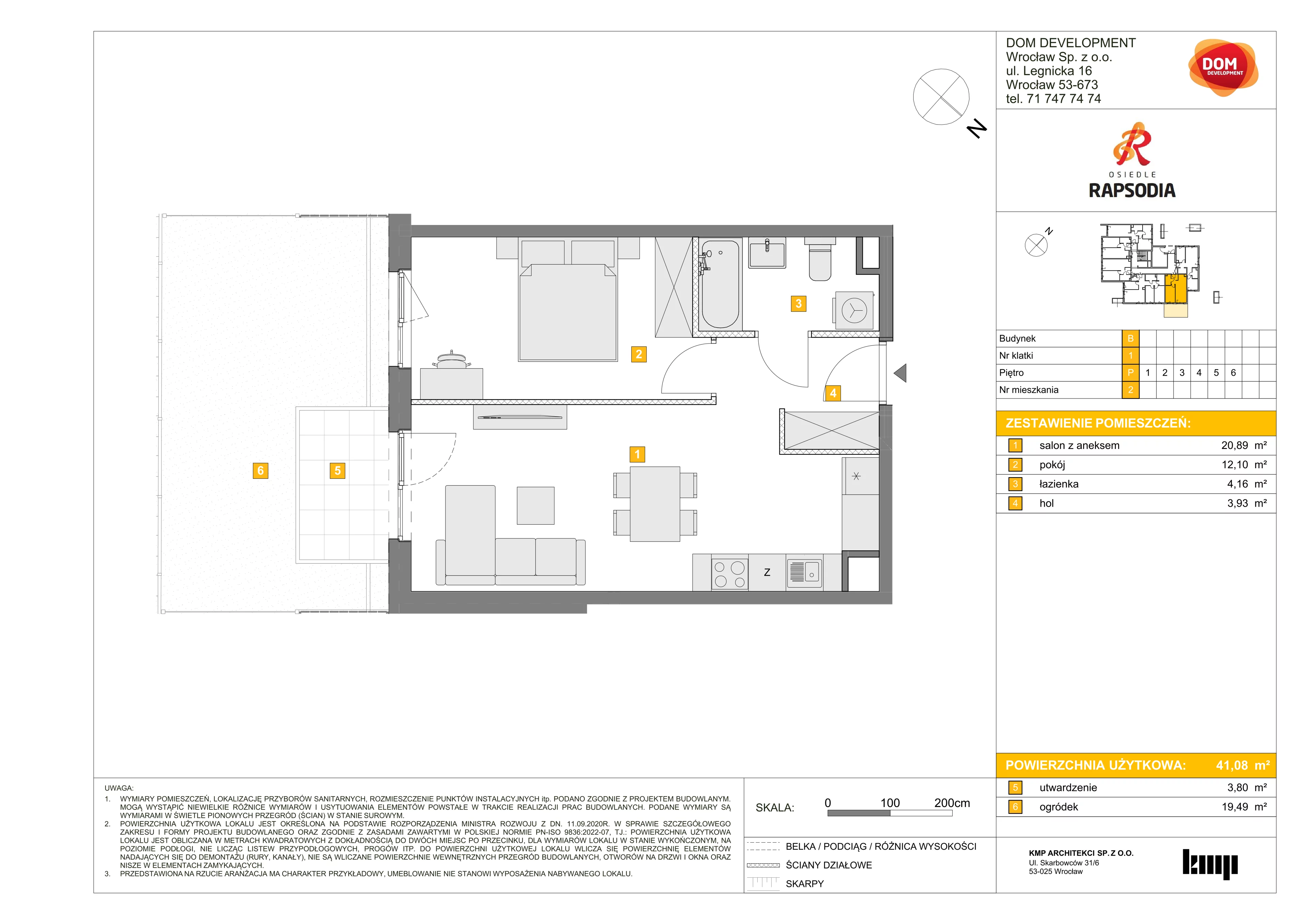 2 pokoje, mieszkanie 41,08 m², parter, oferta nr B/2, Osiedle Rapsodia 2, Wrocław, Karłowice-Różanka, Różanka, ul. Wołowska 5