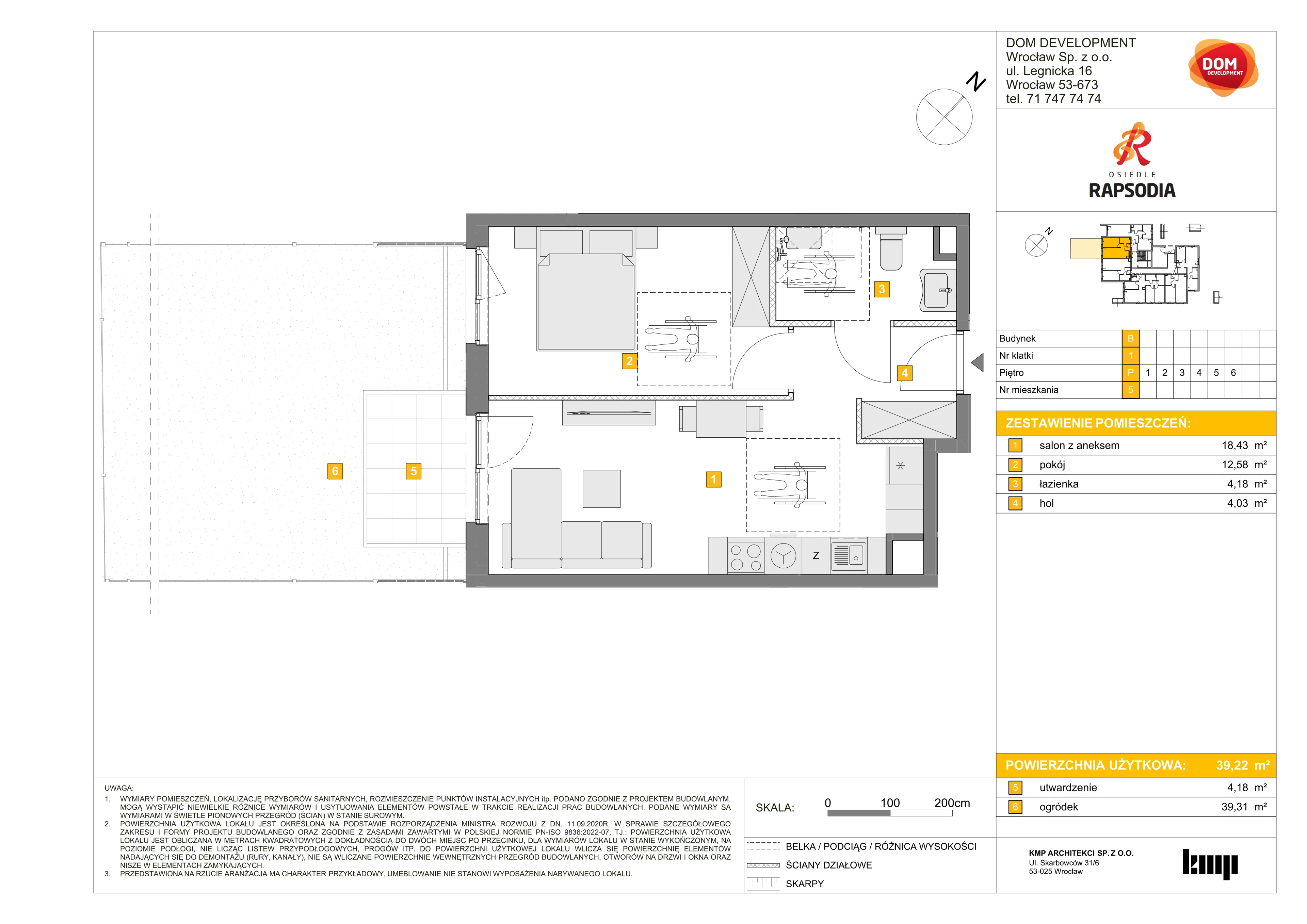 2 pokoje, mieszkanie 39,22 m², parter, oferta nr B/5, Osiedle Rapsodia 2, Wrocław, Karłowice-Różanka, Różanka, ul. Wołowska 5
