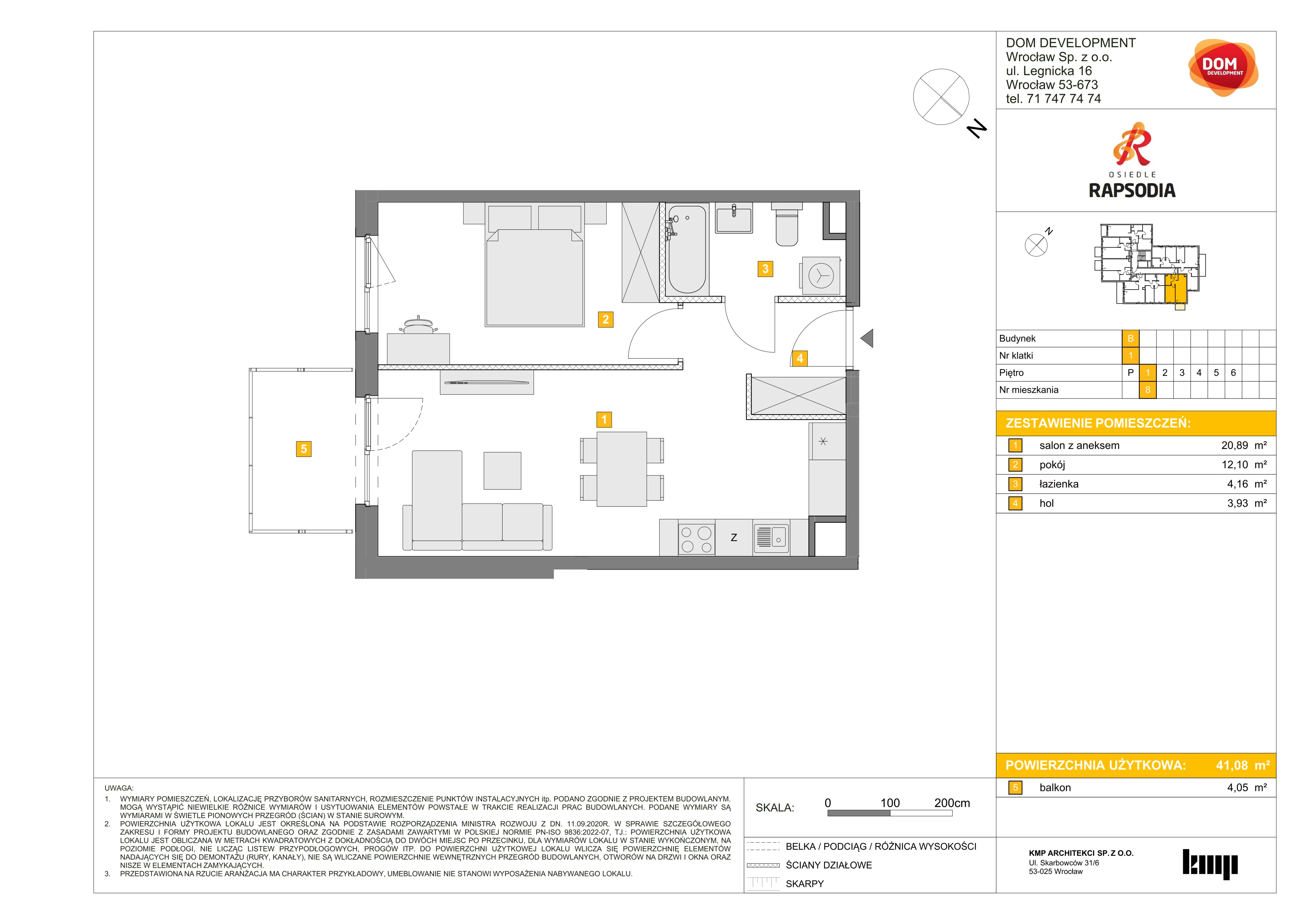 2 pokoje, mieszkanie 41,08 m², piętro 1, oferta nr B/8, Osiedle Rapsodia 2, Wrocław, Karłowice-Różanka, Różanka, ul. Wołowska 5