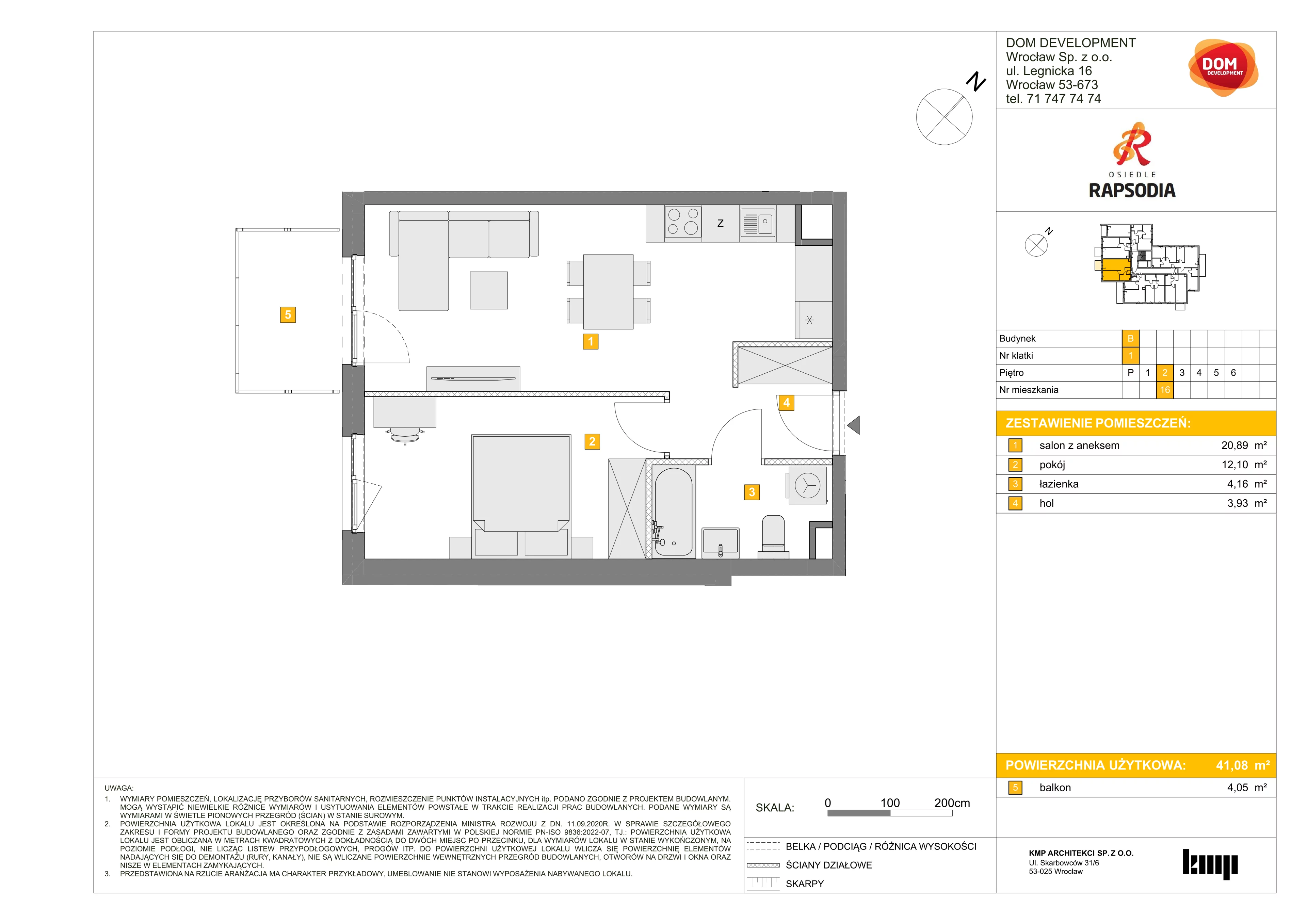 2 pokoje, mieszkanie 41,08 m², piętro 2, oferta nr B/16, Osiedle Rapsodia 2, Wrocław, Karłowice-Różanka, Różanka, ul. Wołowska 5