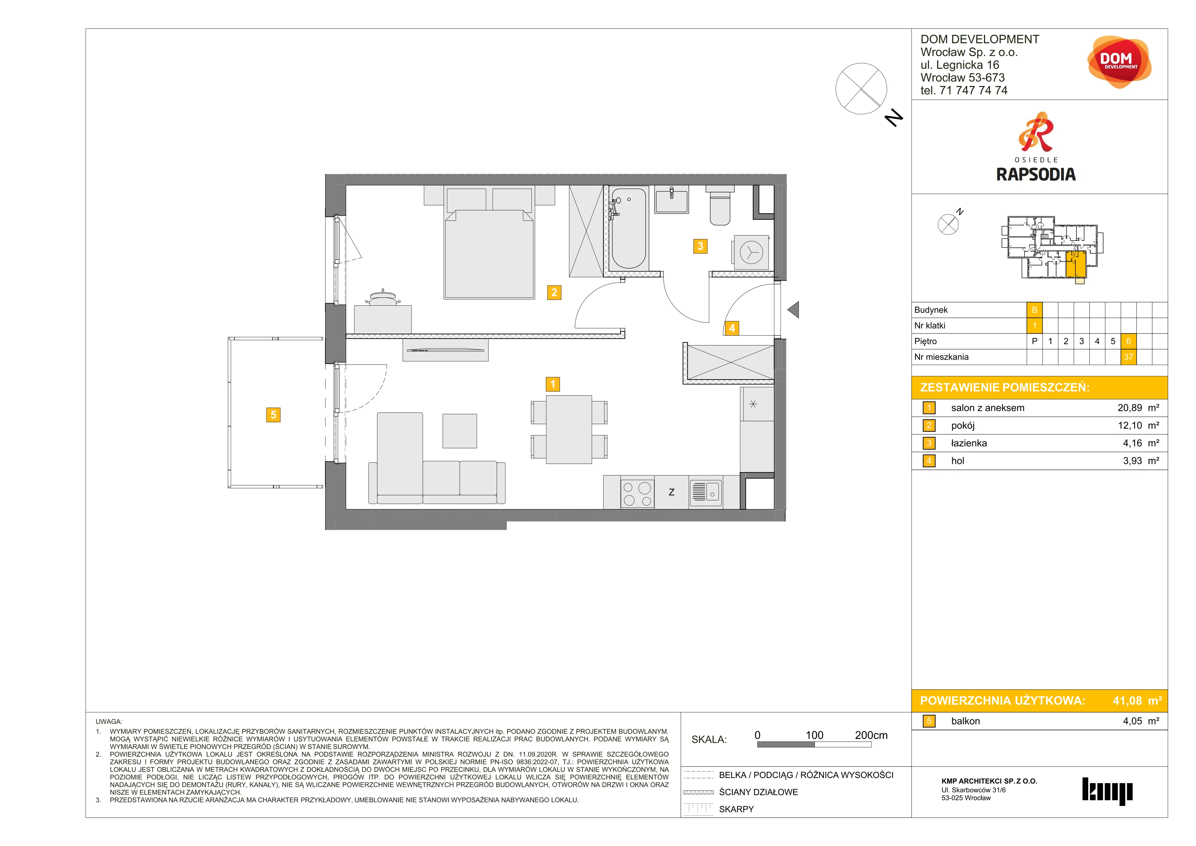 2 pokoje, mieszkanie 41,08 m², piętro 6, oferta nr B/37, Osiedle Rapsodia 2, Wrocław, Karłowice-Różanka, Różanka, ul. Wołowska 5