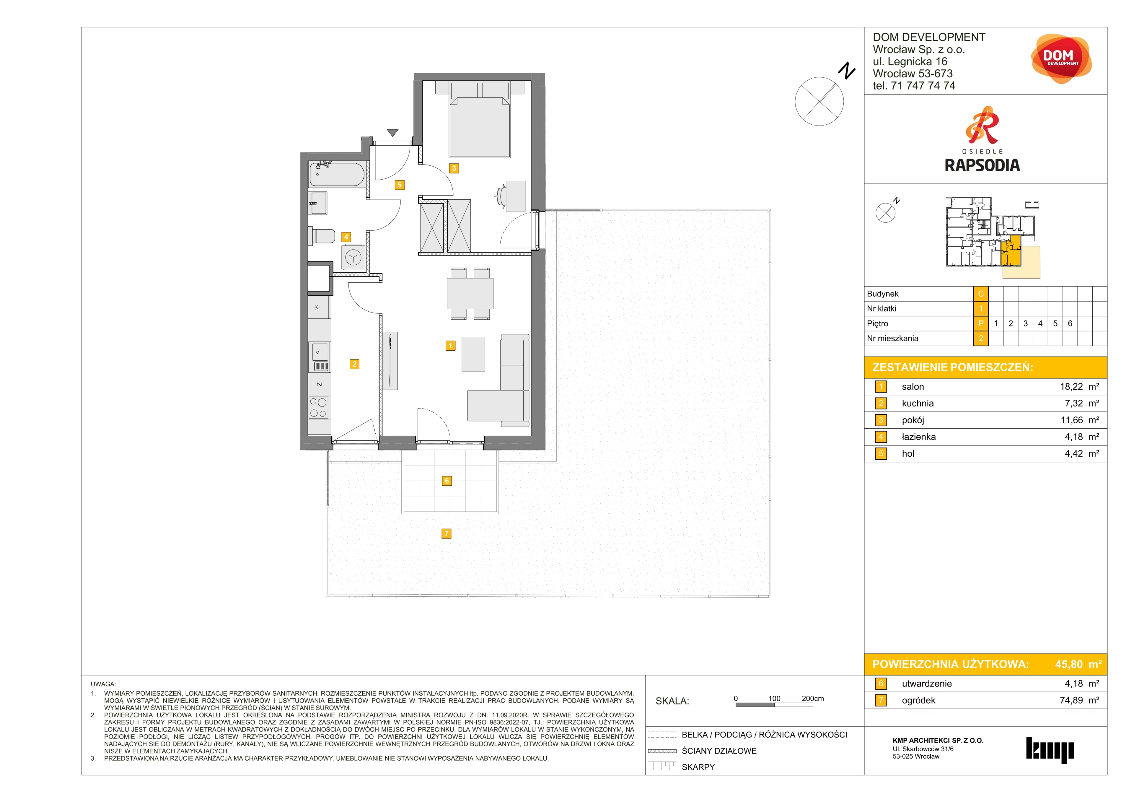 2 pokoje, mieszkanie 45,80 m², parter, oferta nr C/2, Osiedle Rapsodia 2, Wrocław, Karłowice-Różanka, Różanka, ul. Wołowska 5