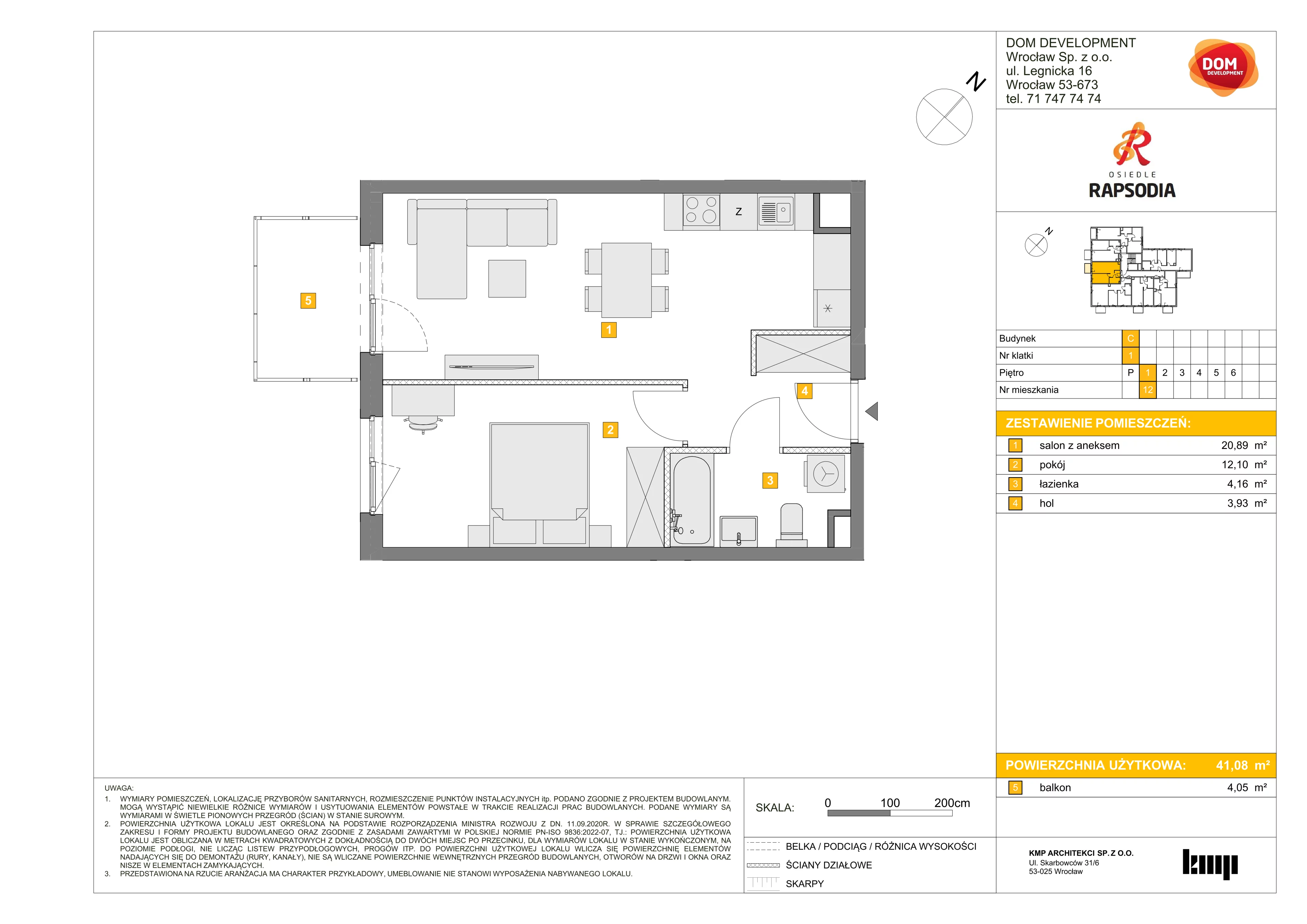 2 pokoje, mieszkanie 41,08 m², piętro 1, oferta nr C/12, Osiedle Rapsodia 2, Wrocław, Karłowice-Różanka, Różanka, ul. Wołowska 5