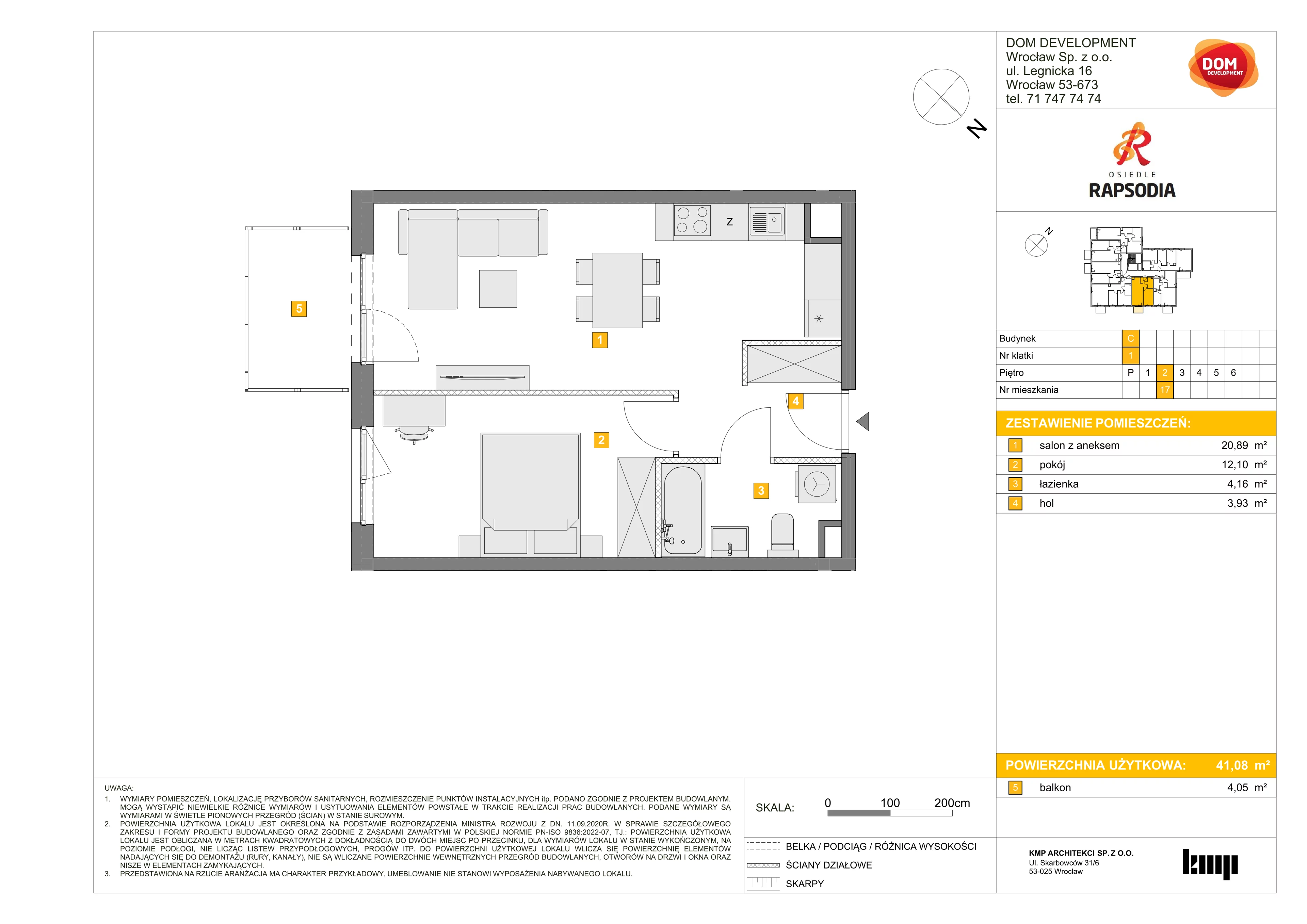 2 pokoje, mieszkanie 41,08 m², piętro 2, oferta nr C/17, Osiedle Rapsodia 2, Wrocław, Karłowice-Różanka, Różanka, ul. Wołowska 5