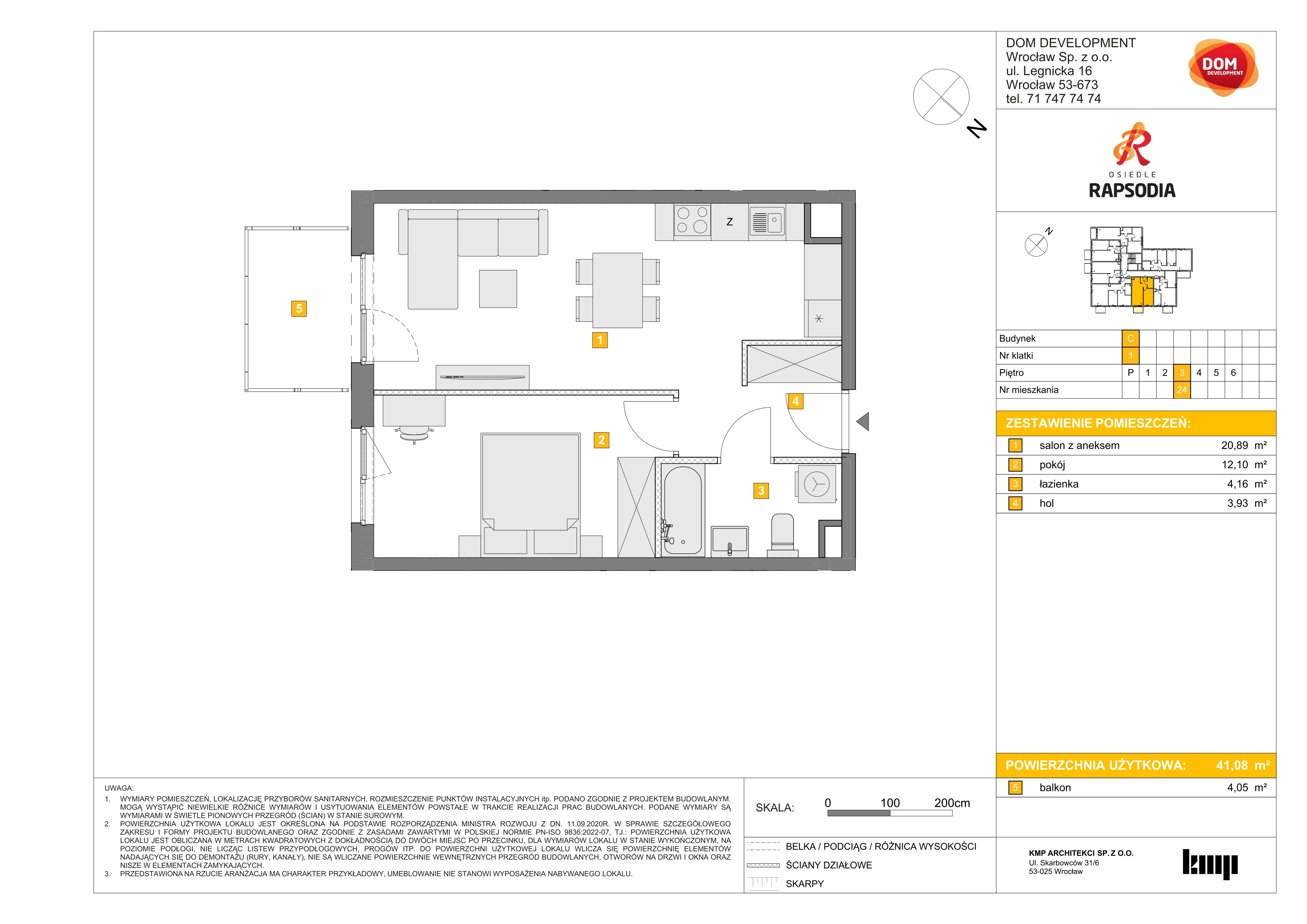 2 pokoje, mieszkanie 41,08 m², piętro 3, oferta nr C/24, Osiedle Rapsodia 2, Wrocław, Karłowice-Różanka, Różanka, ul. Wołowska 5