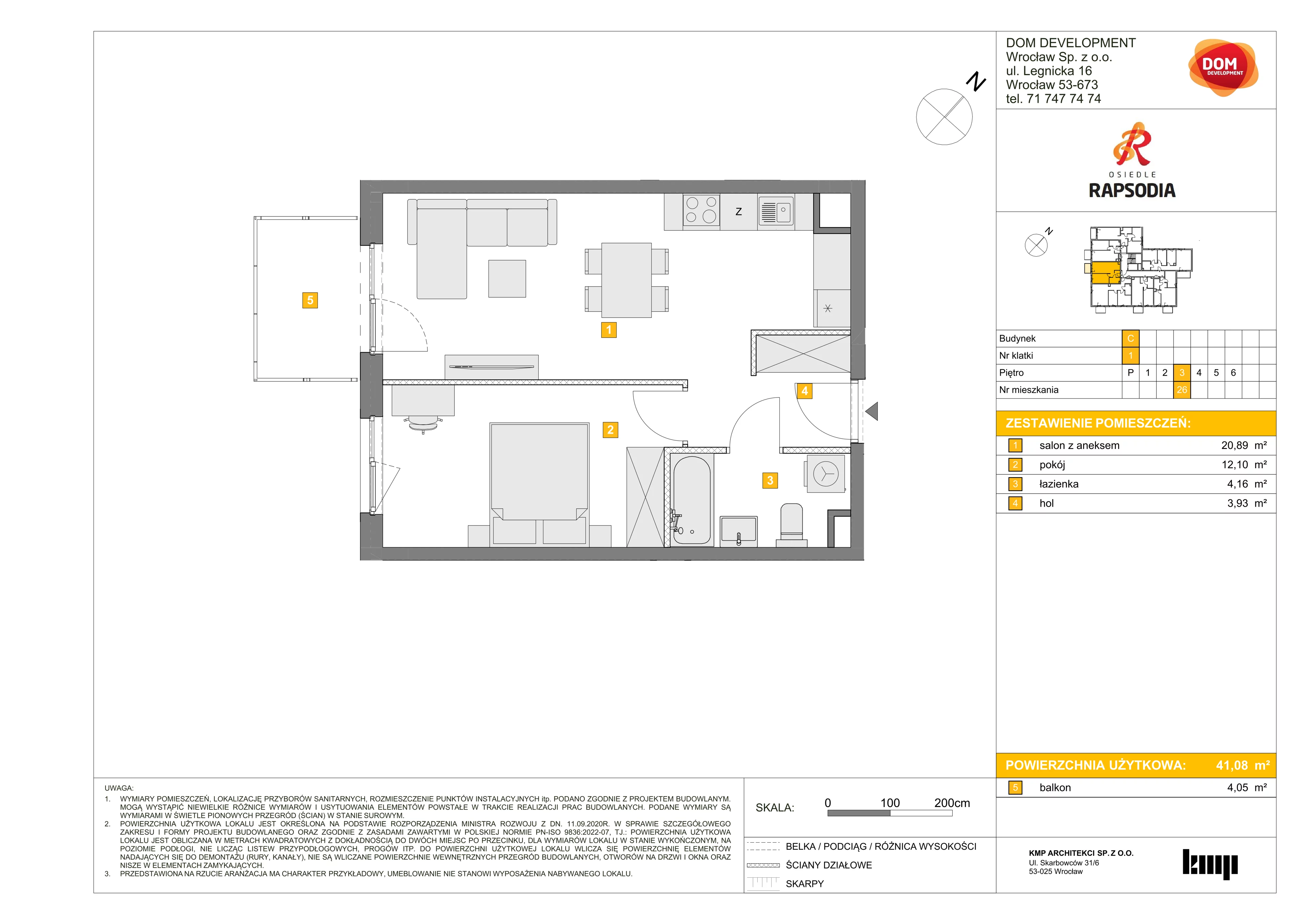 2 pokoje, mieszkanie 41,08 m², piętro 3, oferta nr C/26, Osiedle Rapsodia 2, Wrocław, Karłowice-Różanka, Różanka, ul. Wołowska 5