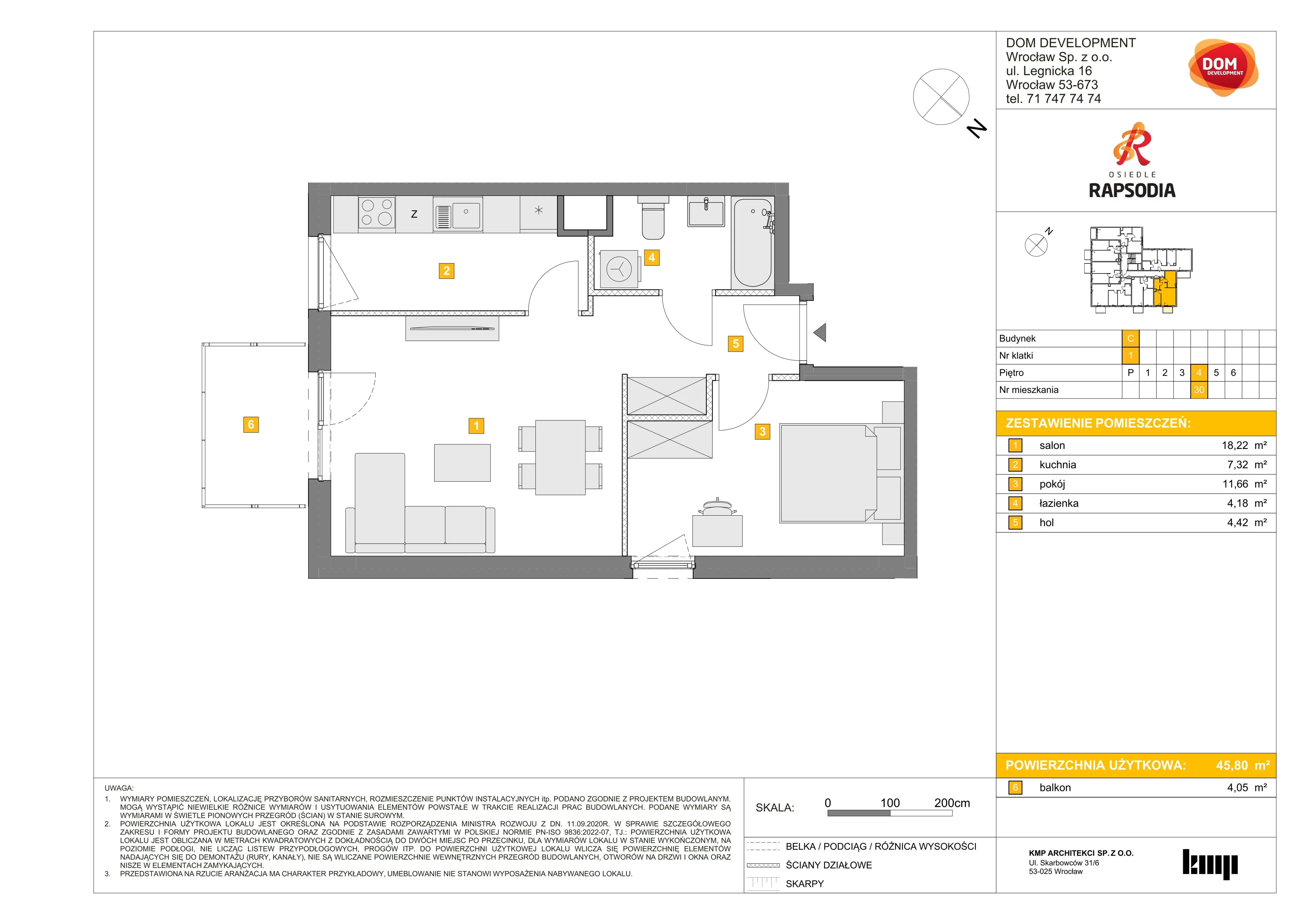 2 pokoje, mieszkanie 45,80 m², piętro 4, oferta nr C/30, Osiedle Rapsodia 2, Wrocław, Karłowice-Różanka, Różanka, ul. Wołowska 5